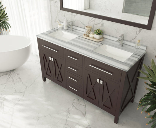 Laviva 313YG319-60B-WS Laviva Wimbledon 60" Brown Double Sink Bathroom Vanity with White Stripes Marble Countertop 313YG319-60B-WS