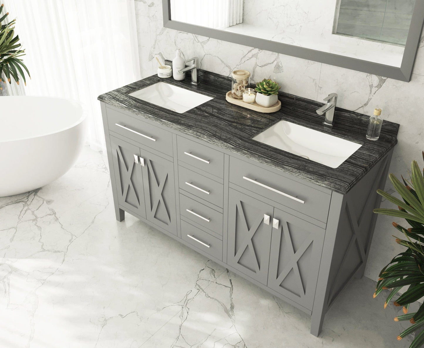 Laviva 313YG319-60G-BW Laviva Wimbledon 60" Gray Double Sink Bathroom Vanity with Black Wood Marble Countertop 313YG319-60G-BW