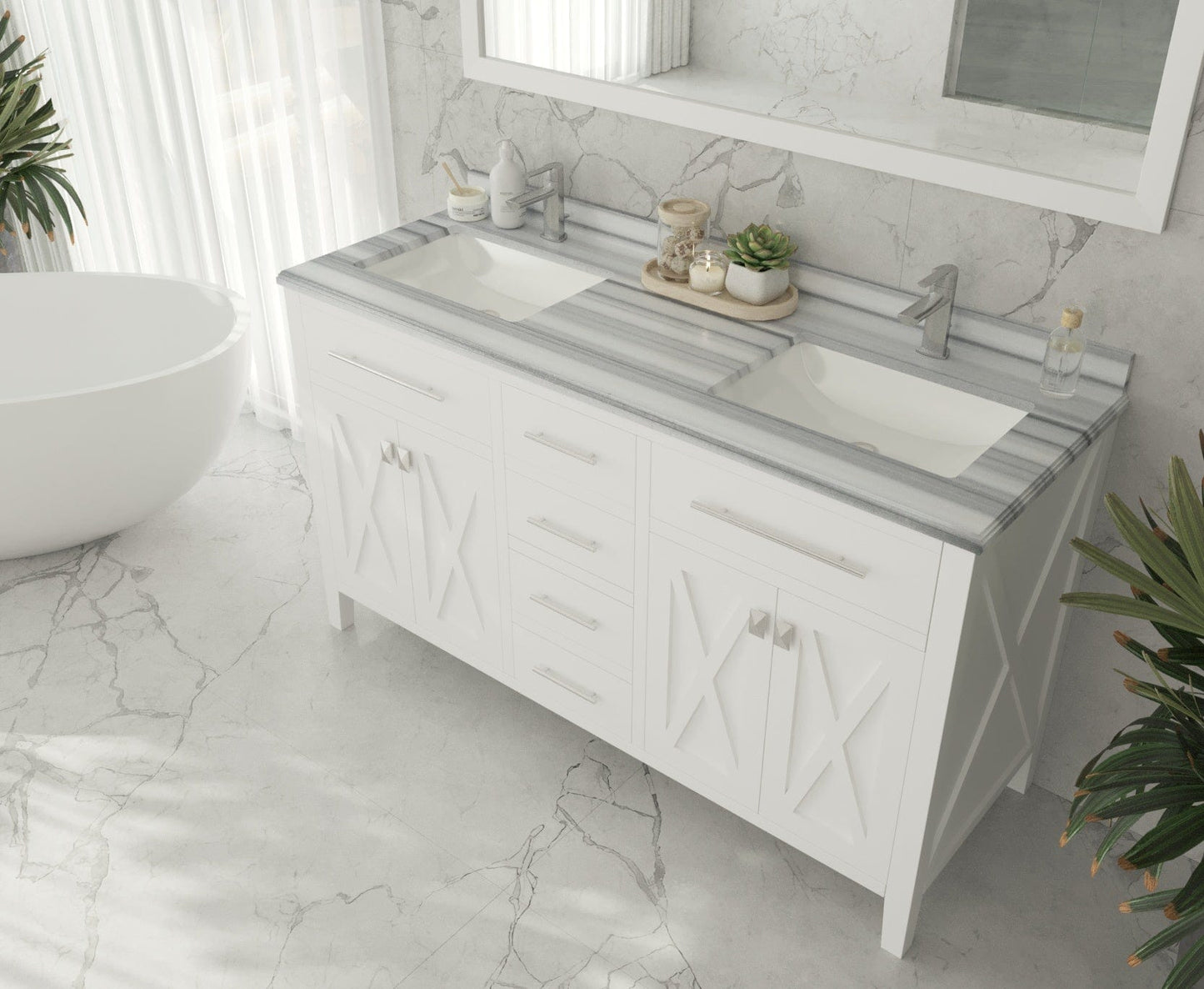 Laviva 313YG319-60W-WS Laviva Wimbledon 60" White Double Sink Bathroom Vanity with White Stripes Marble Countertop 313YG319-60W-WS