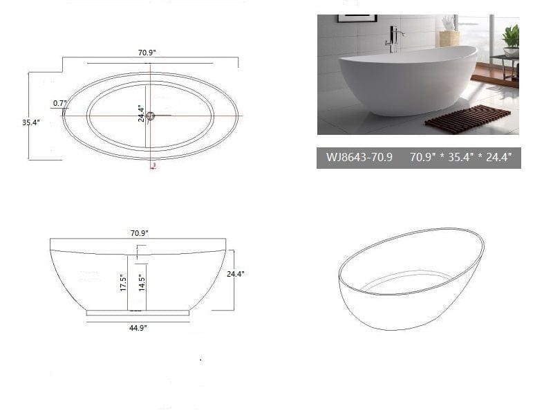 Legion Furniture WJ8643-W-L Legion Furniture WJ8643-W-L 71" White Matte Solid Surface Tub - No Faucet