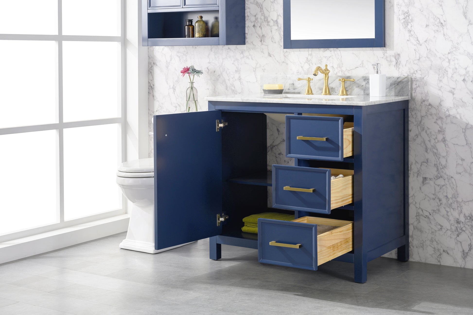 Legion Furniture WLF2136-B Legion Furniture WLF2136-B 36" Blue Finish Sink Vanity Cabinet with Carrara White Top