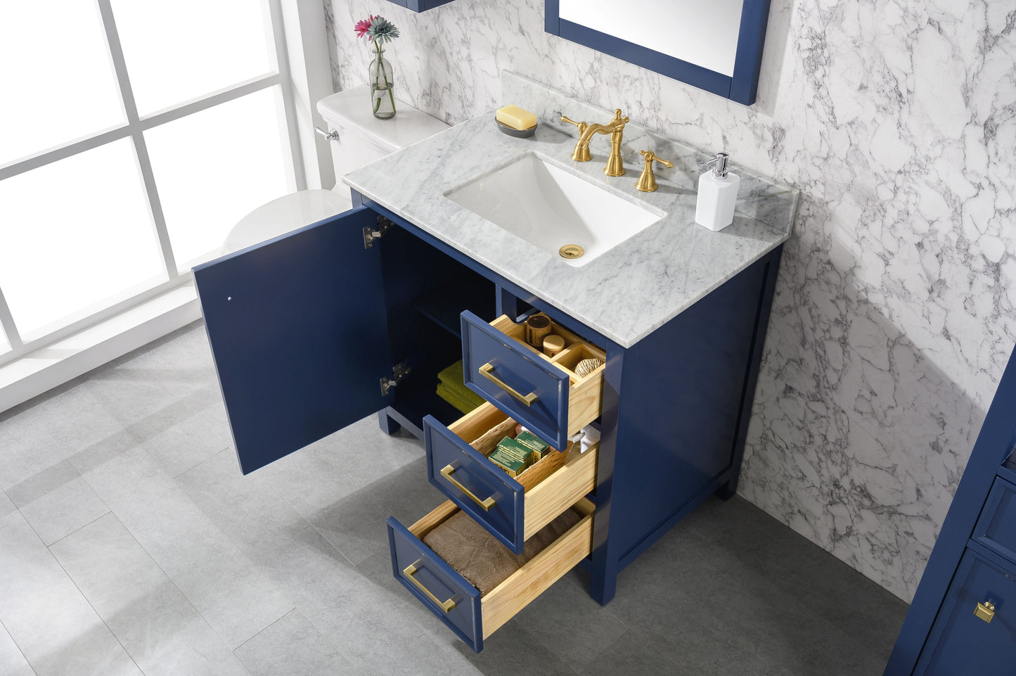 Legion Furniture WLF2136-B Legion Furniture WLF2136-B 36" Blue Finish Sink Vanity Cabinet with Carrara White Top