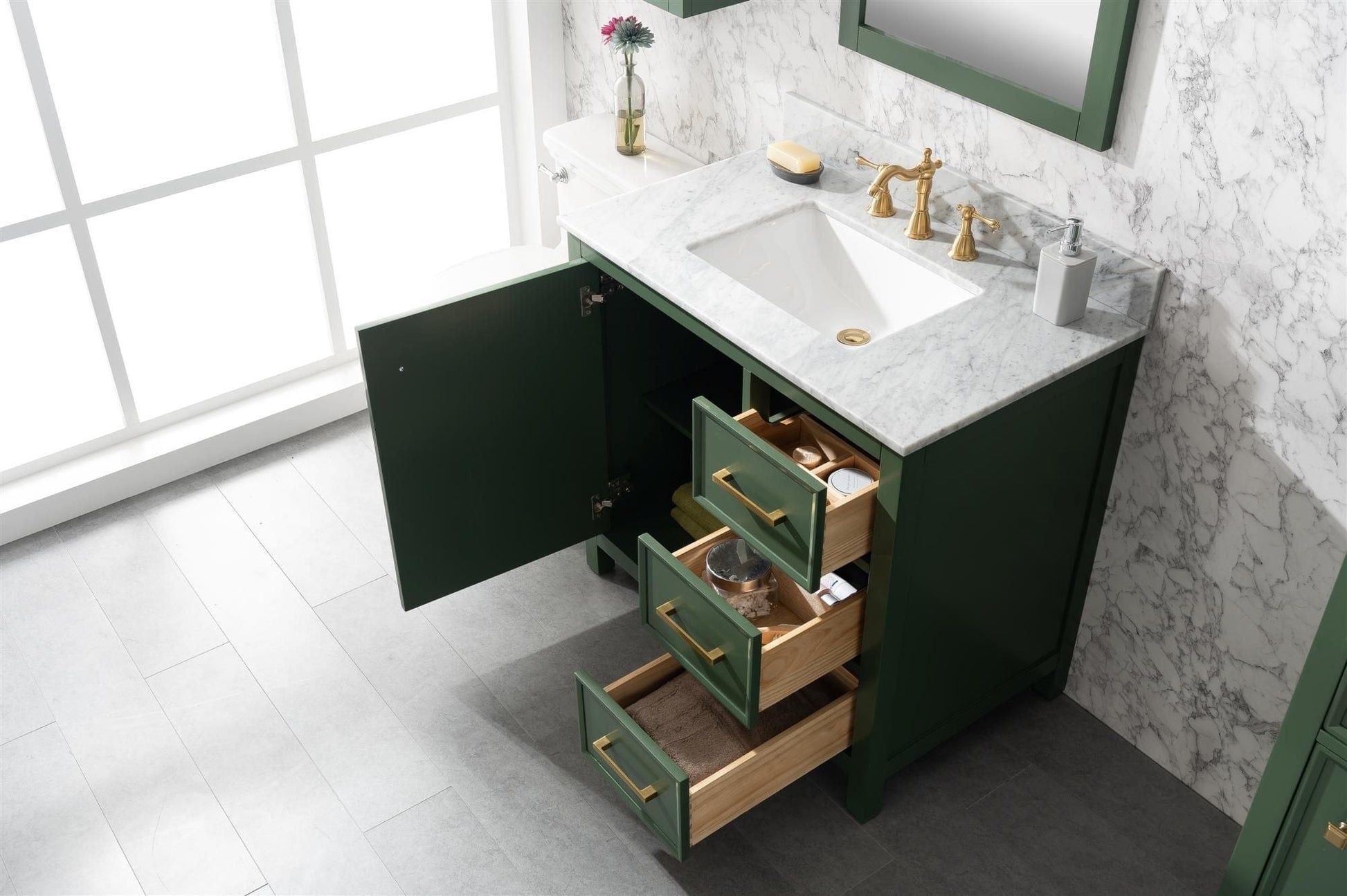 Legion Furniture WLF2136-VG Legion Furniture WLF2136-VG 36" Vogue Green Finish Sink Vanity Cabinet with Carrara White Top