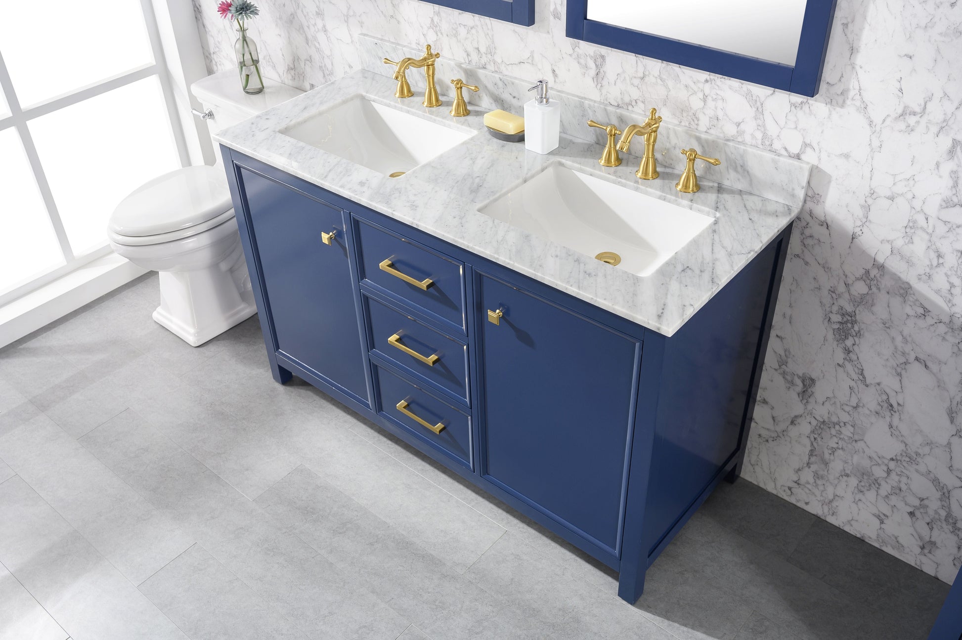 Legion Furniture WLF2154-B Legion Furniture WLF2154-B 54" Blue Finish Double-Sink Vanity Cabinet with Carrara White Top