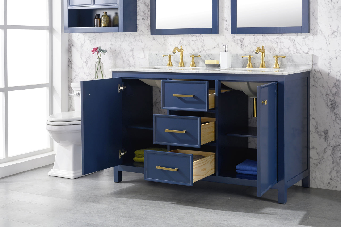 Legion Furniture WLF2154-B Legion Furniture WLF2154-B 54" Blue Finish Double-Sink Vanity Cabinet with Carrara White Top