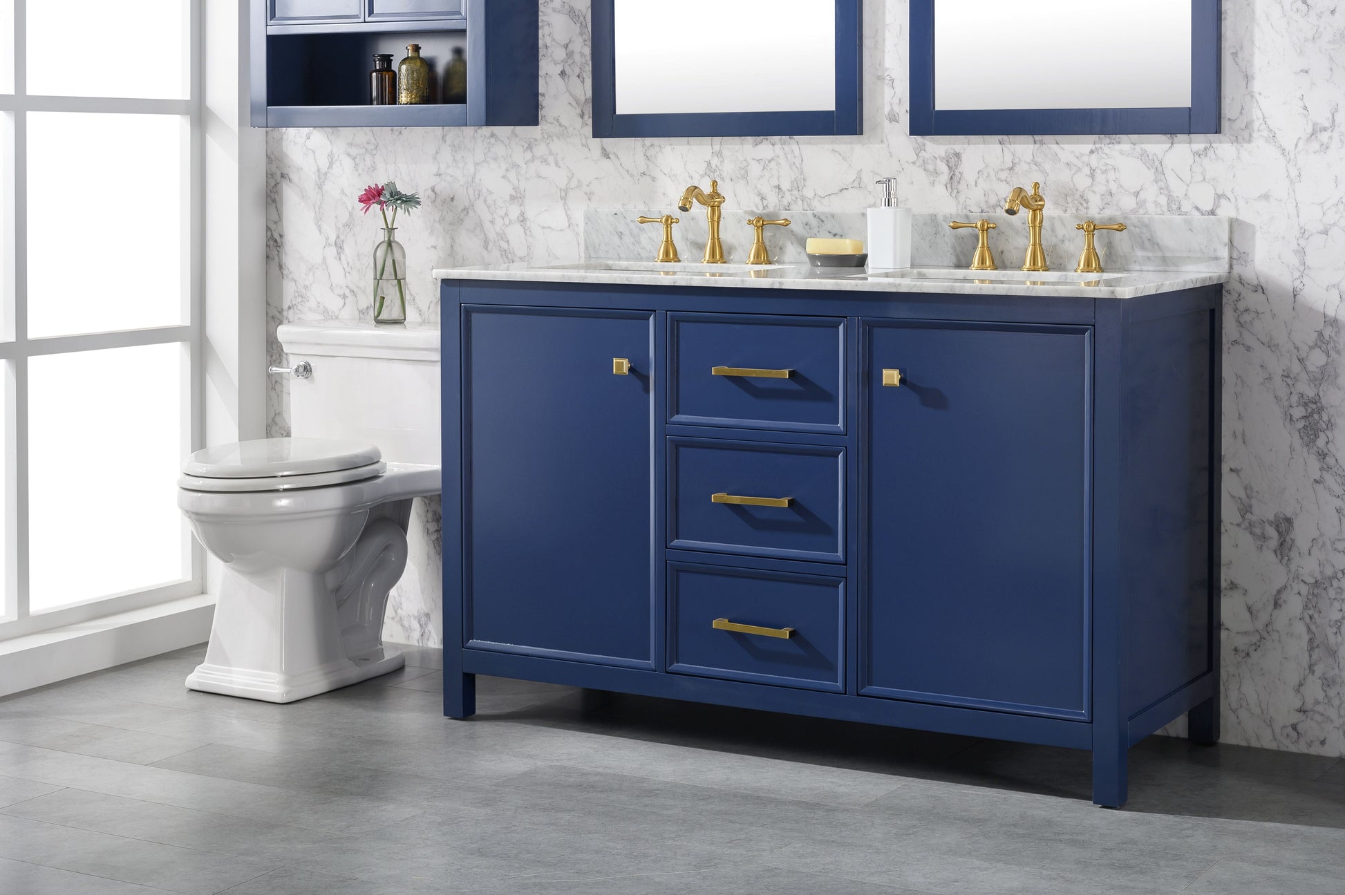 Legion Furniture WLF2154-B Legion Furniture WLF2154-B 54" Blue Finish Double-Sink Vanity Cabinet with Carrara White Top