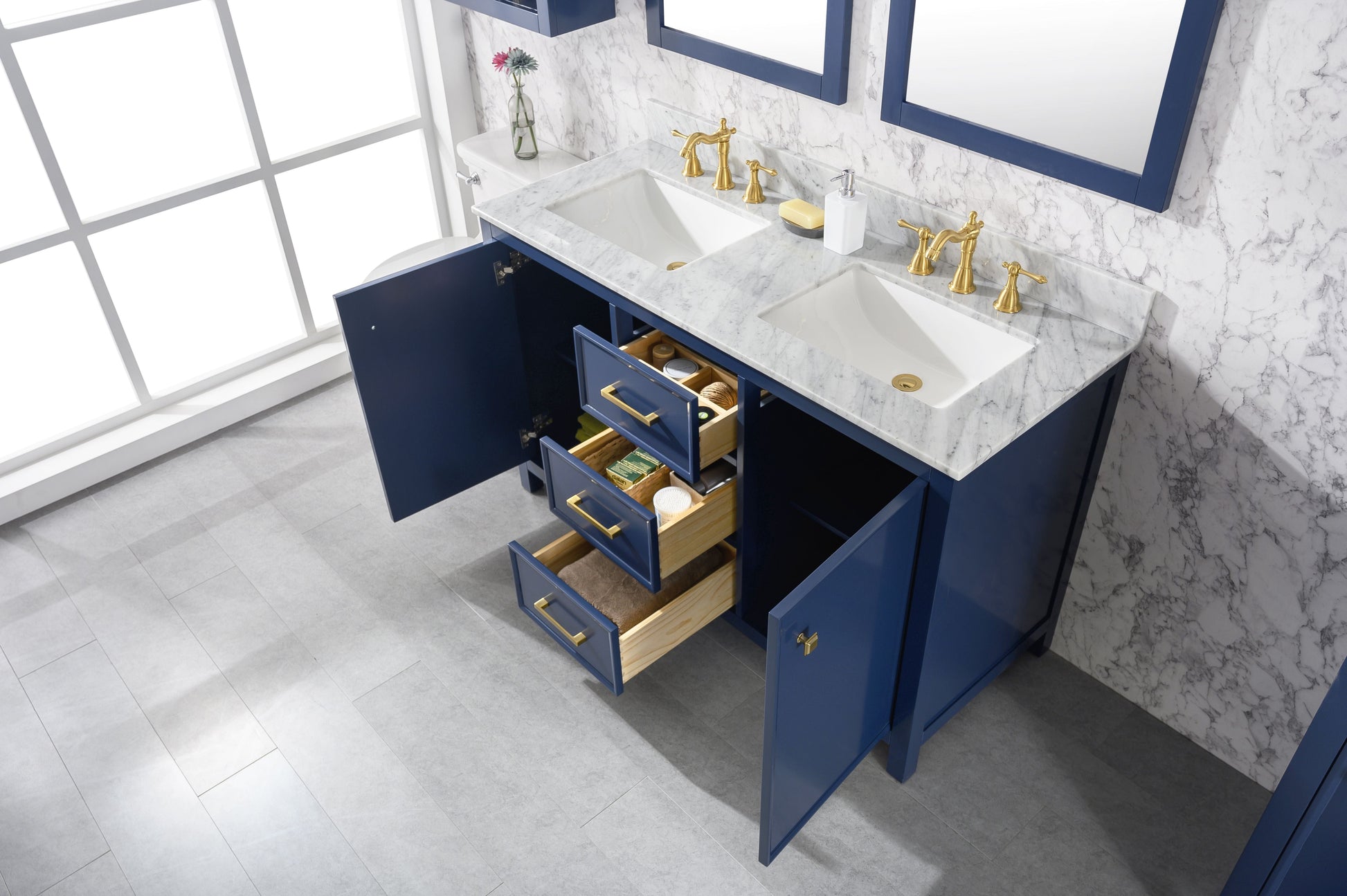 Legion Furniture WLF2154-B Legion Furniture WLF2154-B 54" Blue Finish Double-Sink Vanity Cabinet with Carrara White Top