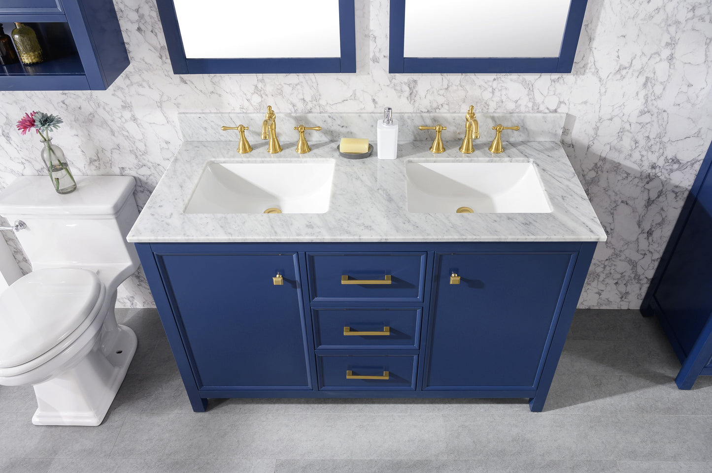 Legion Furniture WLF2154-B Legion Furniture WLF2154-B 54" Blue Finish Double-Sink Vanity Cabinet with Carrara White Top