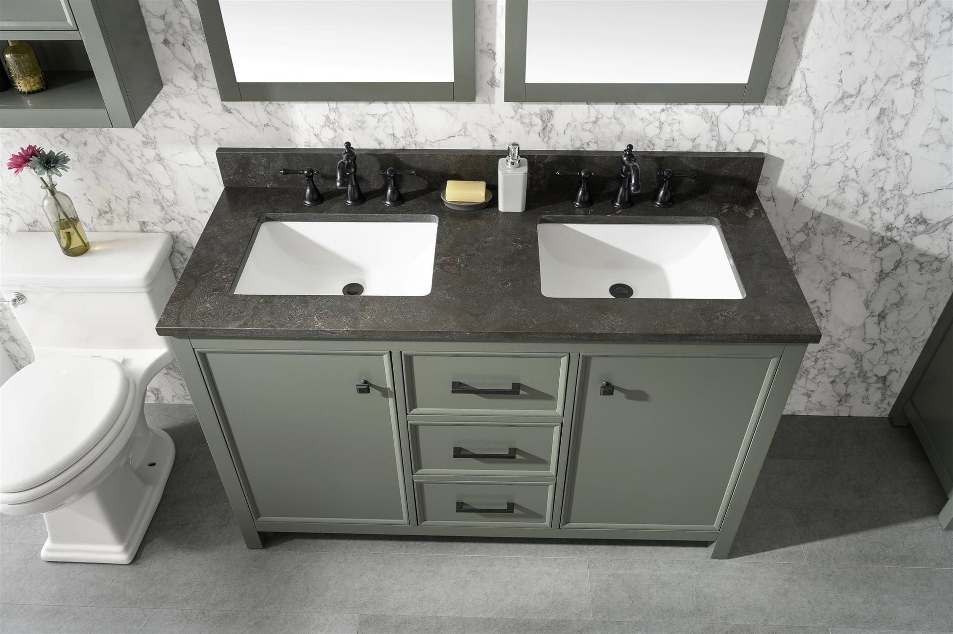 Legion Furniture WLF2154-PG Legion Furniture WLF2154-PG 54" Pewter Green Finish Double-Sink Vanity Cabinet with Blue Limestone Top