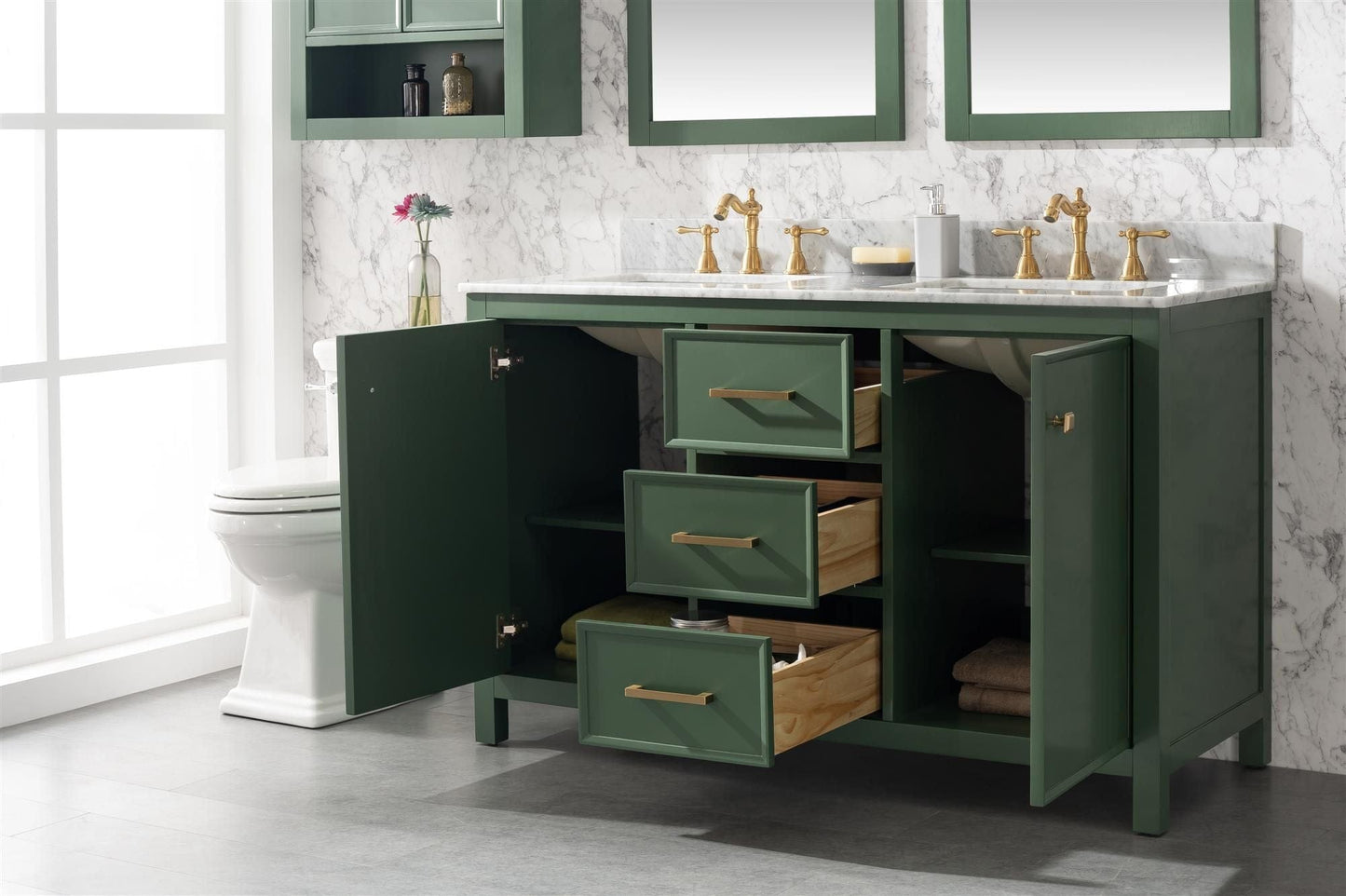 Legion Furniture WLF2154-VG Legion Furniture WLF2154-VG 54" Vogue Green Finish Double-Sink Vanity Cabinet with Carrara White Top