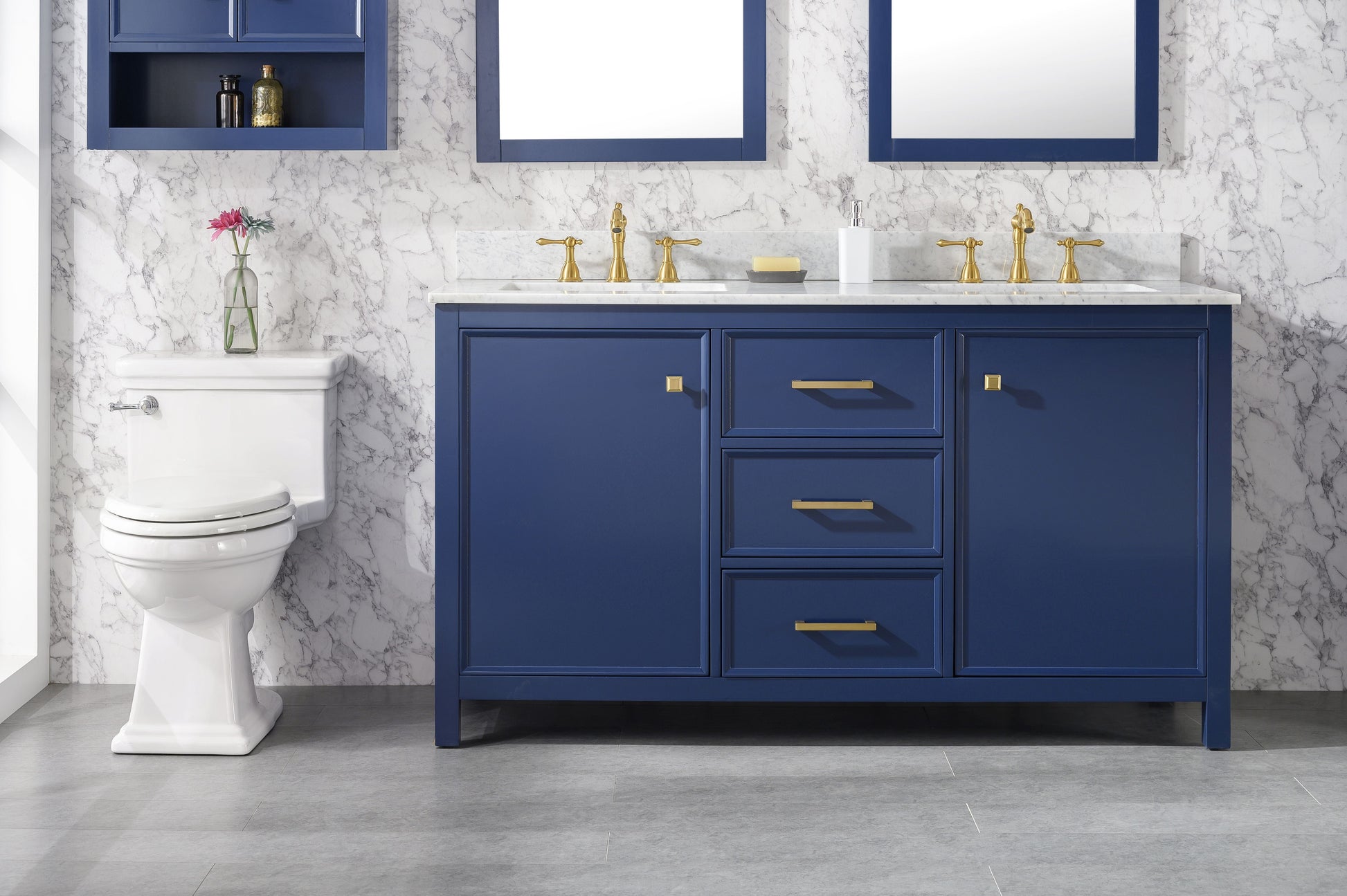 Legion Furniture WLF2160D-B Legion Furniture WLF2160D-B 60" Blue Finish Double-Sink Vanity Cabinet with Carrara White Top