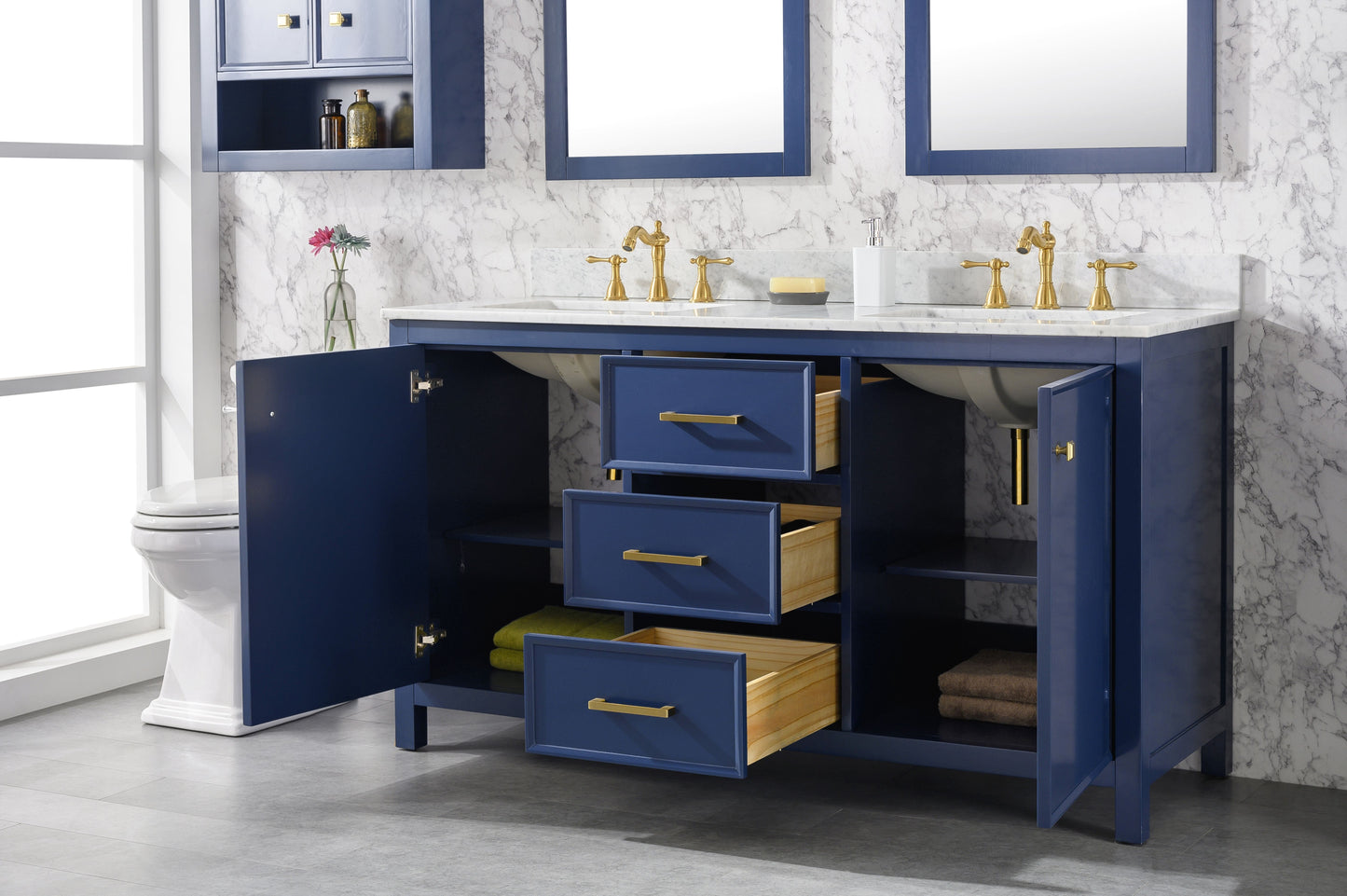 Legion Furniture WLF2160D-B Legion Furniture WLF2160D-B 60" Blue Finish Double-Sink Vanity Cabinet with Carrara White Top