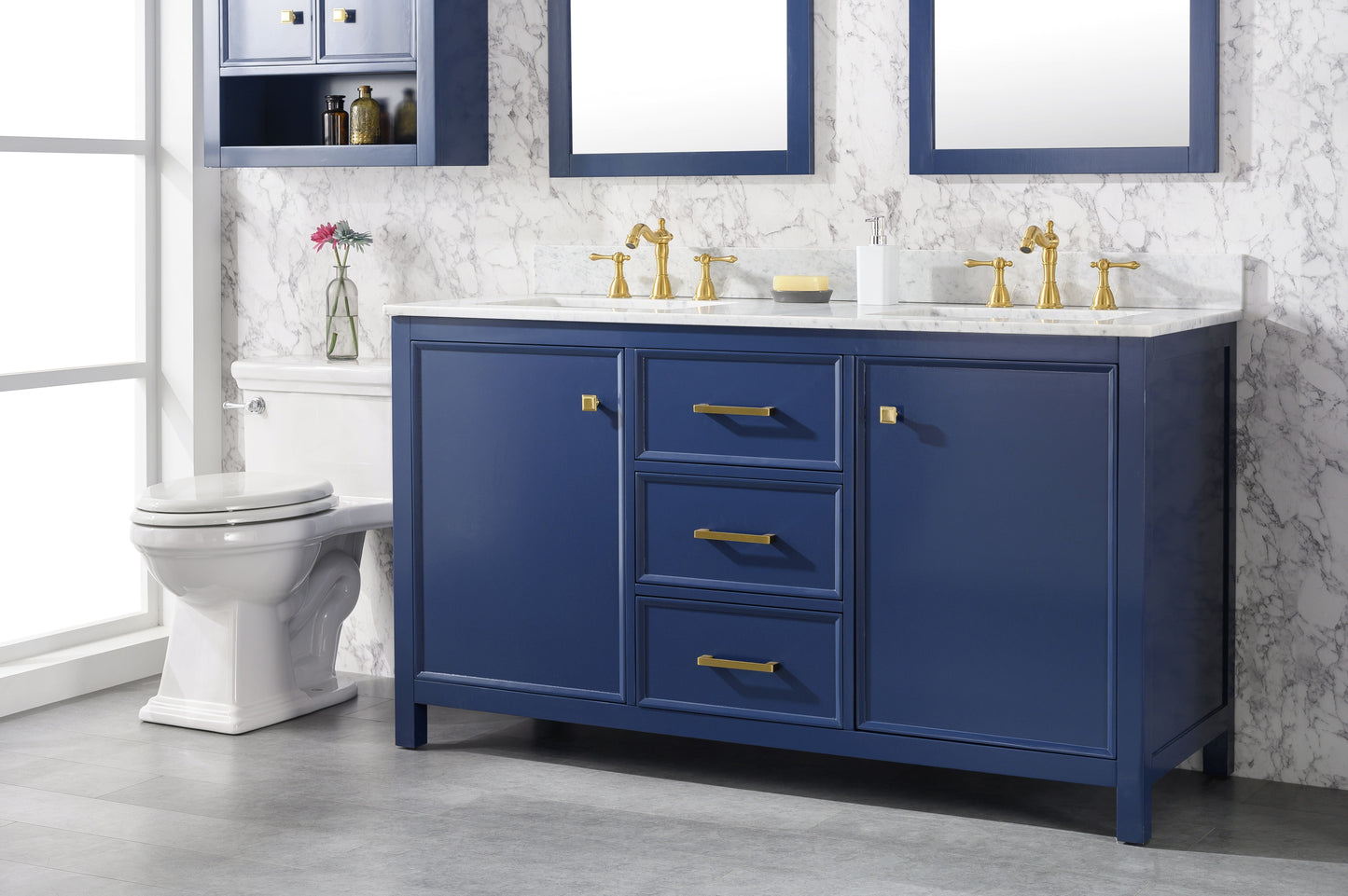 Legion Furniture WLF2160D-B Legion Furniture WLF2160D-B 60" Blue Finish Double-Sink Vanity Cabinet with Carrara White Top