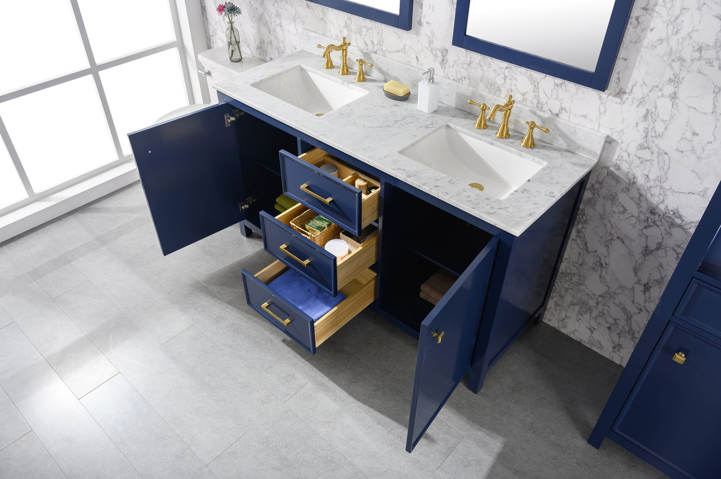 Legion Furniture WLF2160D-B Legion Furniture WLF2160D-B 60" Blue Finish Double-Sink Vanity Cabinet with Carrara White Top