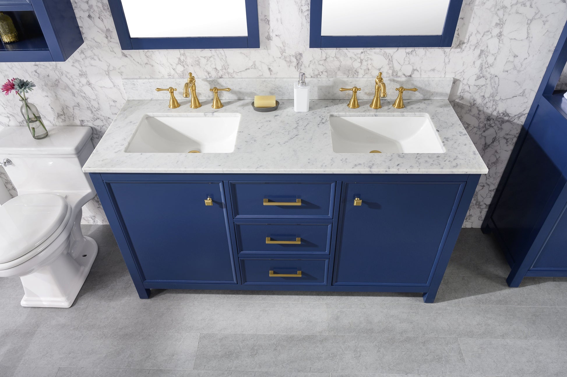 Legion Furniture WLF2160D-B Legion Furniture WLF2160D-B 60" Blue Finish Double-Sink Vanity Cabinet with Carrara White Top