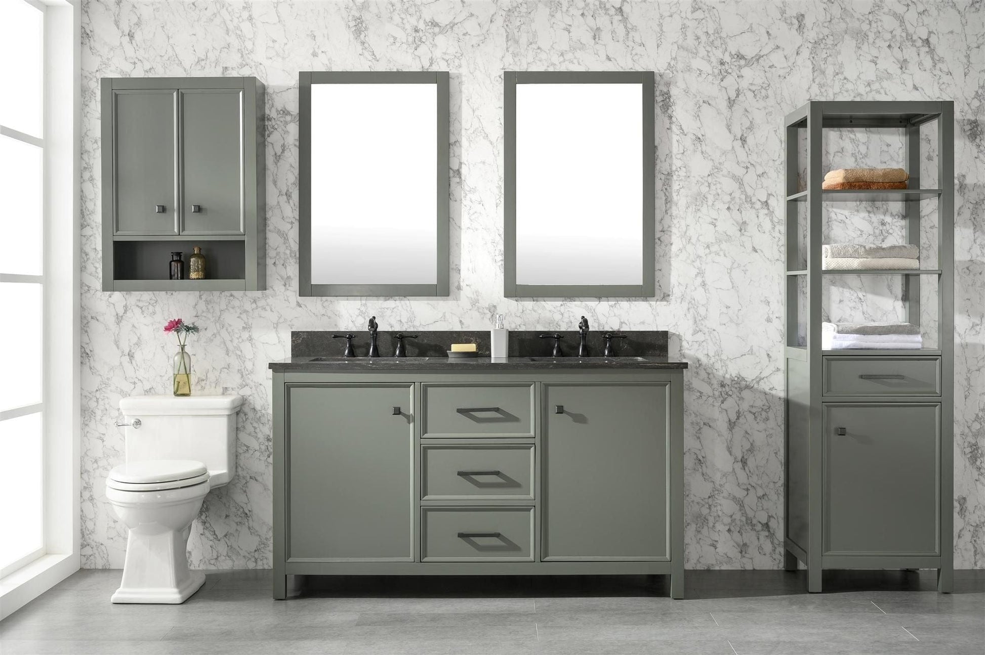 Legion Furniture WLF2160D-PG Legion Furniture WLF2160D-PG 60" Pewter Green Finish Double-Sink Vanity Cabinet with Blue Limestone Top