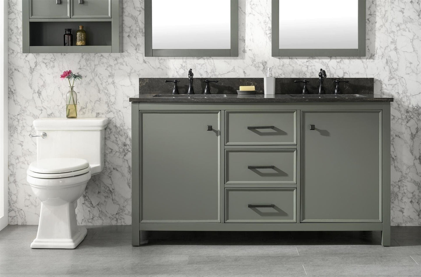 Legion Furniture WLF2160D-PG Legion Furniture WLF2160D-PG 60" Pewter Green Finish Double-Sink Vanity Cabinet with Blue Limestone Top