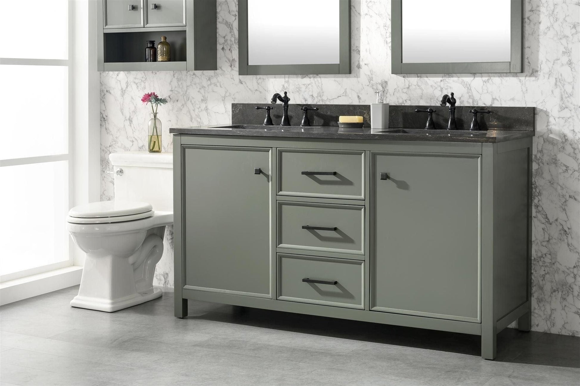 Legion Furniture WLF2160D-PG Legion Furniture WLF2160D-PG 60" Pewter Green Finish Double-Sink Vanity Cabinet with Blue Limestone Top