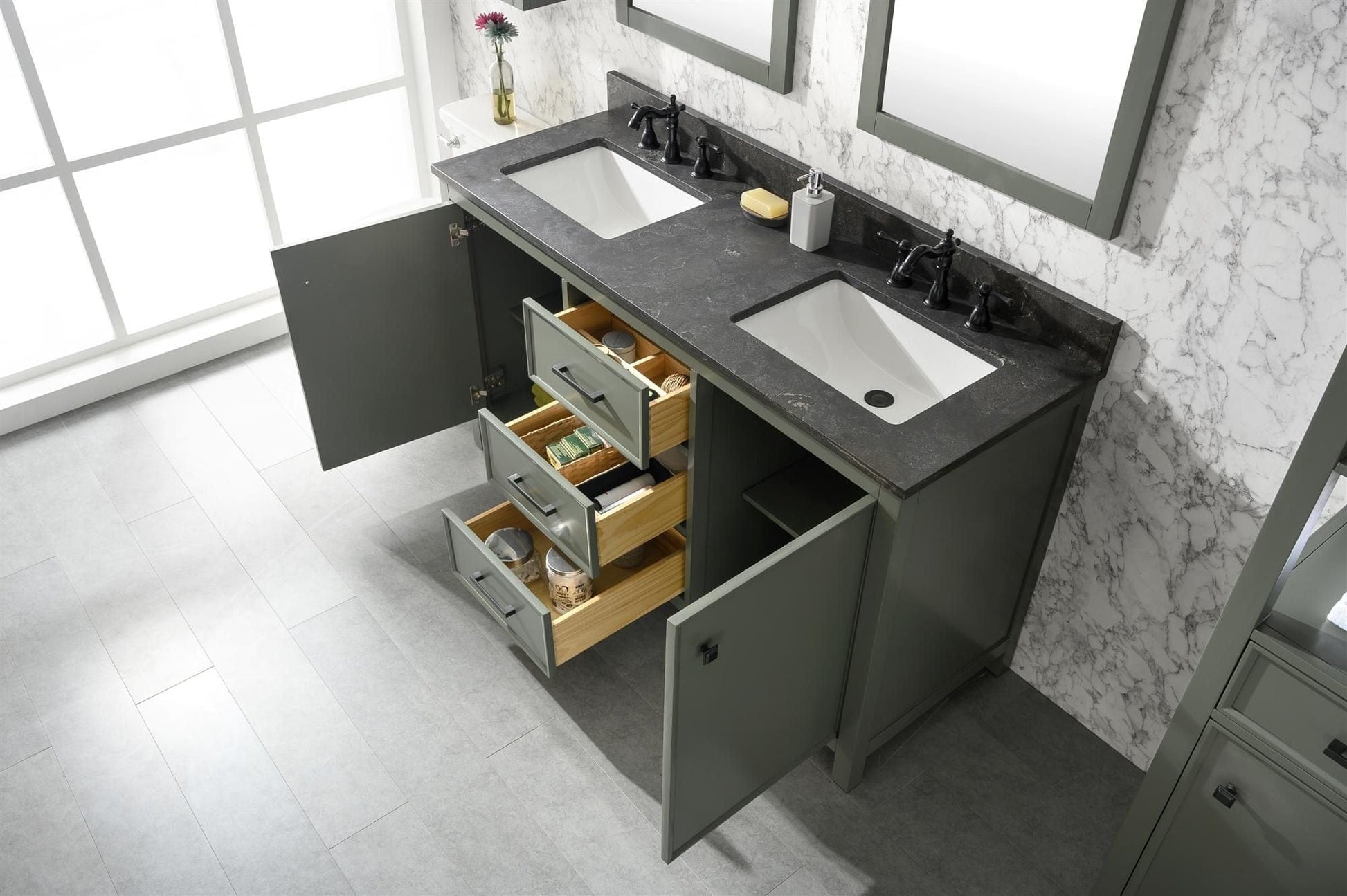 Legion Furniture WLF2160D-PG Legion Furniture WLF2160D-PG 60" Pewter Green Finish Double-Sink Vanity Cabinet with Blue Limestone Top