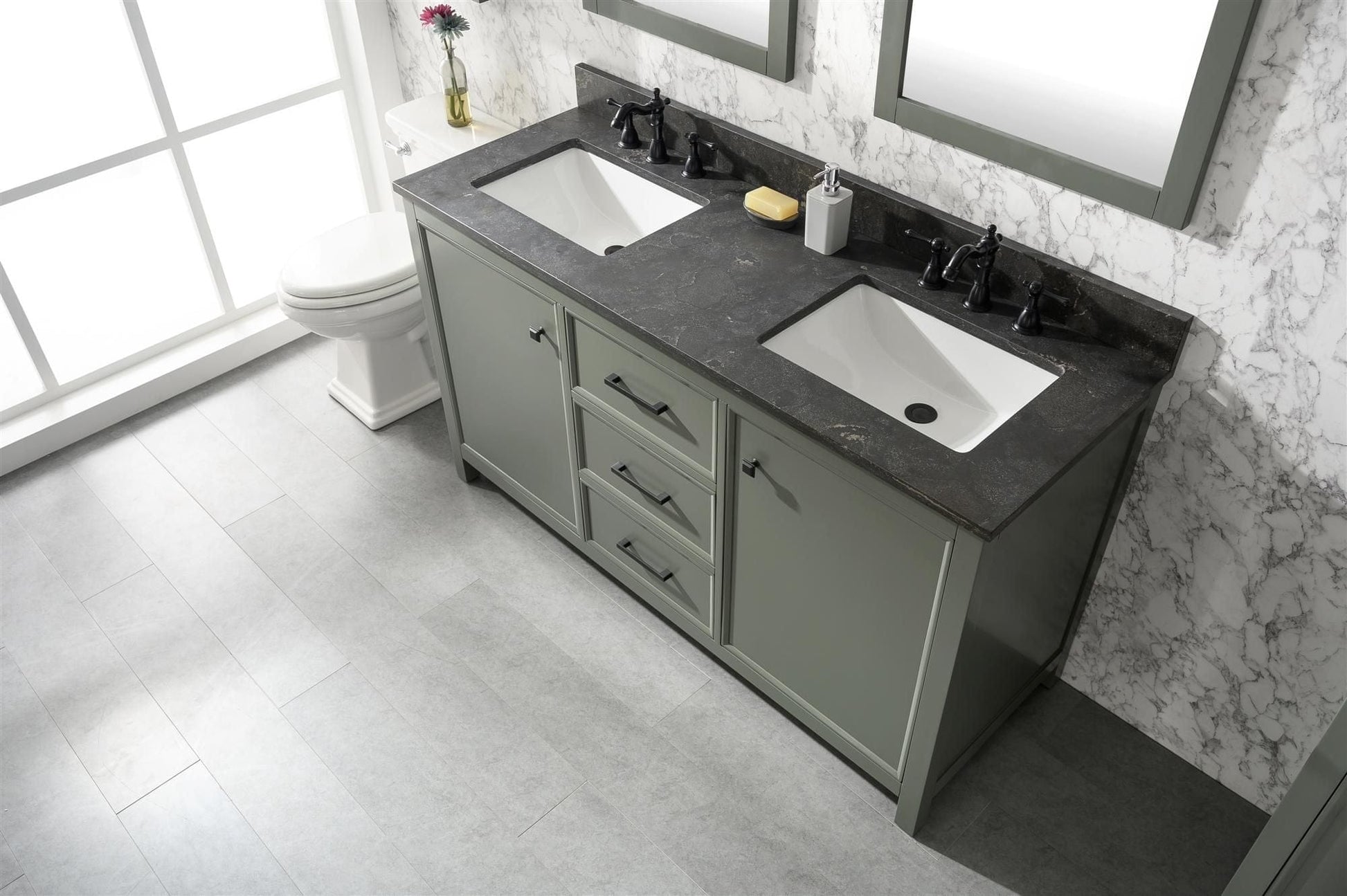 Legion Furniture WLF2160D-PG Legion Furniture WLF2160D-PG 60" Pewter Green Finish Double-Sink Vanity Cabinet with Blue Limestone Top