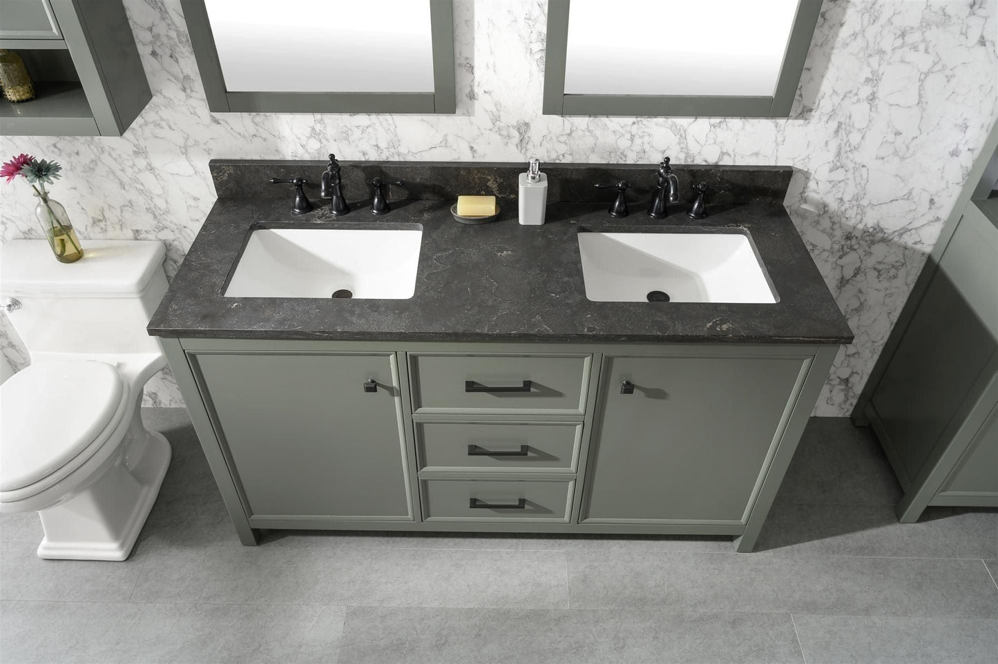 Legion Furniture WLF2160D-PG Legion Furniture WLF2160D-PG 60" Pewter Green Finish Double-Sink Vanity Cabinet with Blue Limestone Top