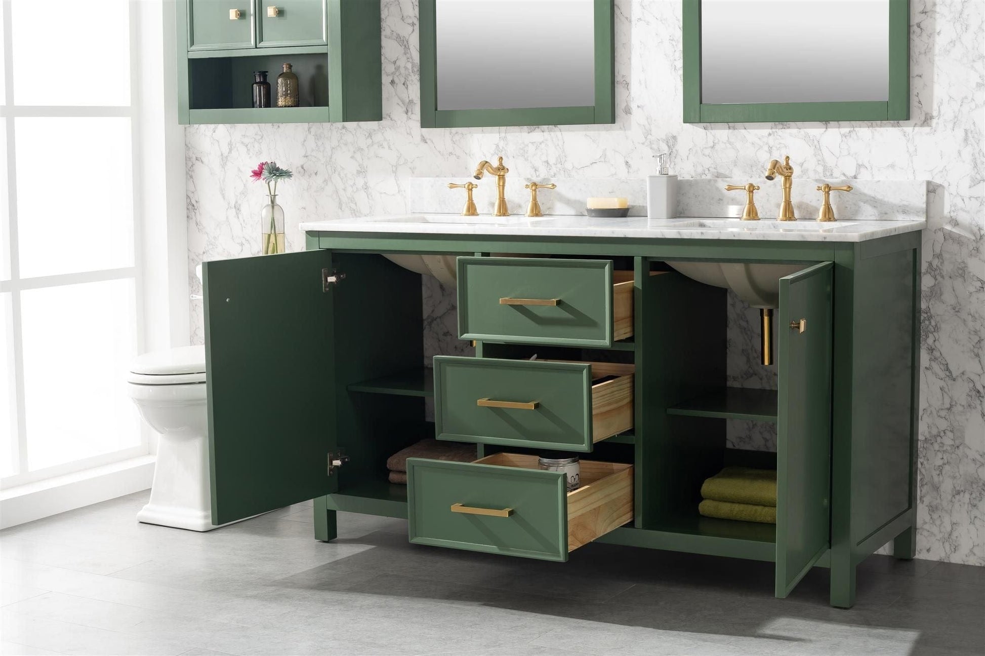 Legion Furniture WLF2160D-VG Legion Furniture WLF2160D-VG 60" Vogue Green Finish Double-Sink Vanity Cabinet with Carrara White Top