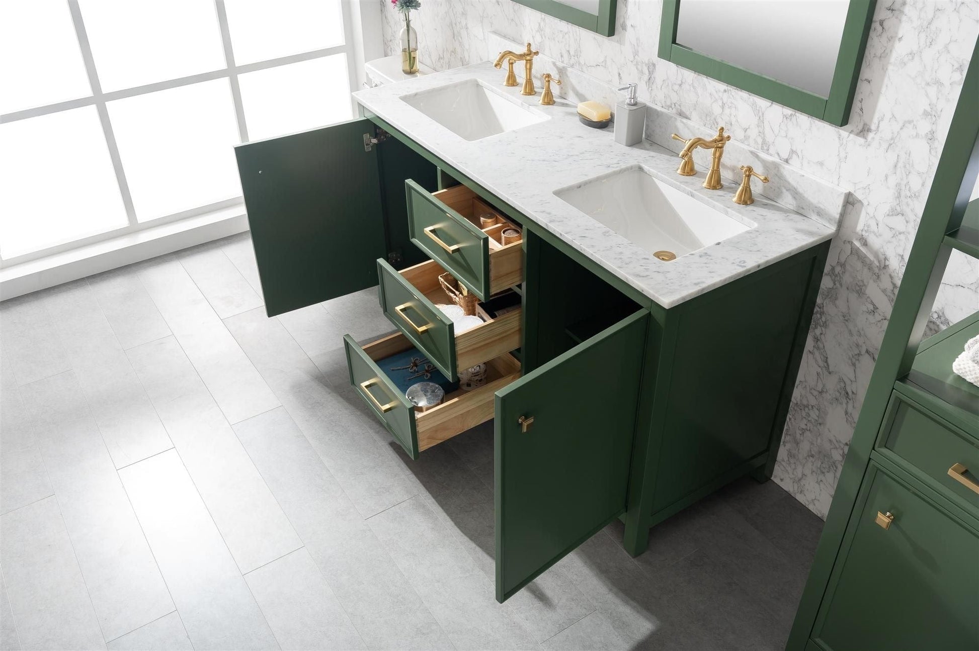 Legion Furniture WLF2160D-VG Legion Furniture WLF2160D-VG 60" Vogue Green Finish Double-Sink Vanity Cabinet with Carrara White Top