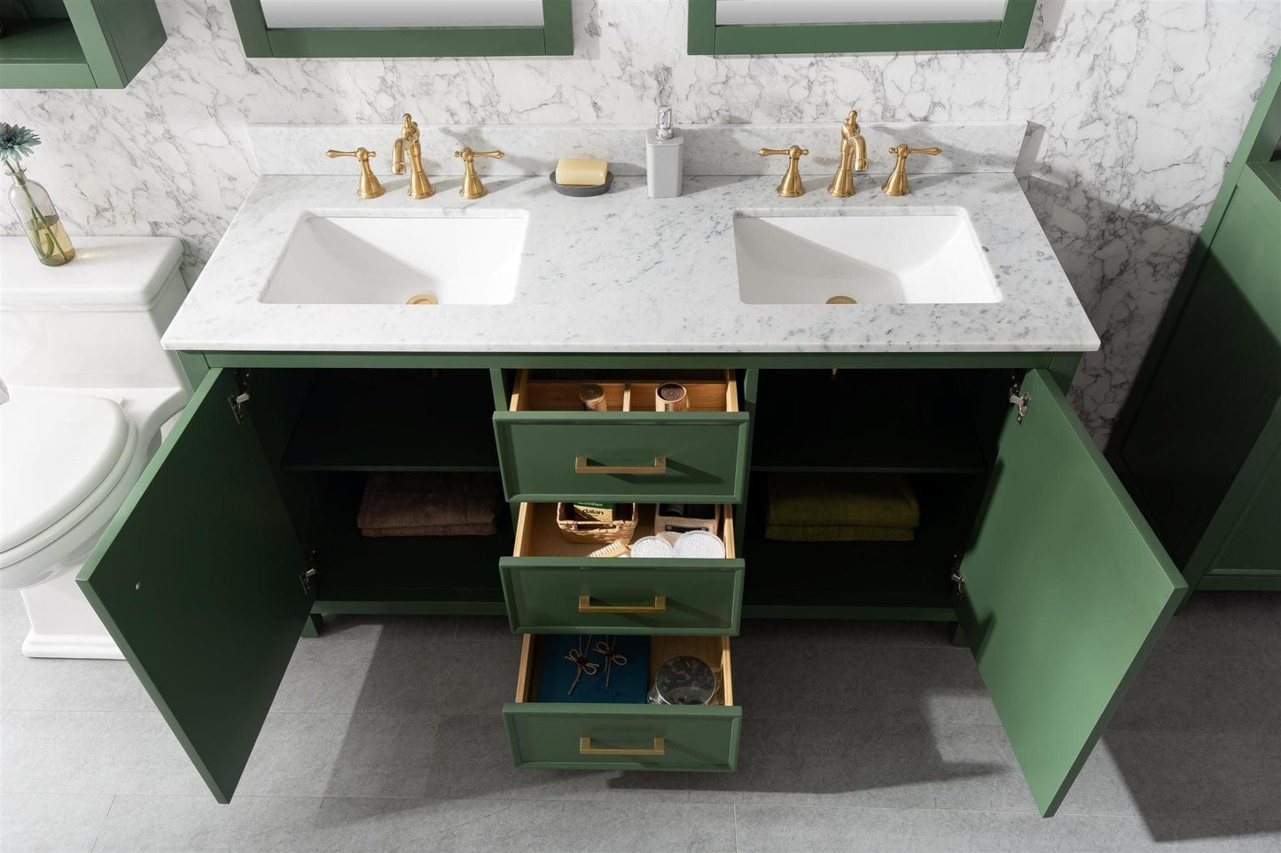 Legion Furniture WLF2160D-VG Legion Furniture WLF2160D-VG 60" Vogue Green Finish Double-Sink Vanity Cabinet with Carrara White Top