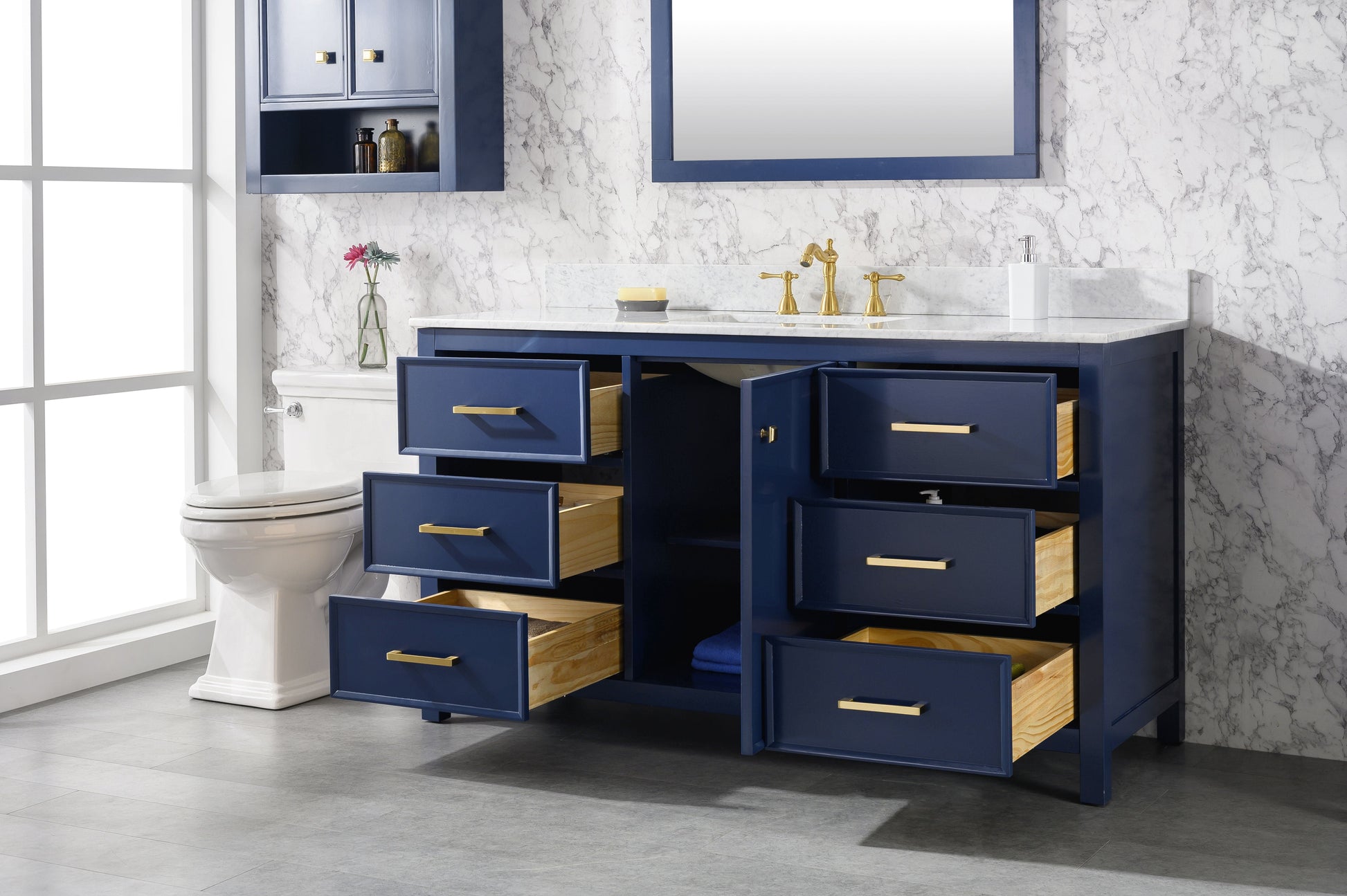 Legion Furniture WLF2160S-B Legion Furniture WLF2160S-B 60" Blue Finish Single-Sink Vanity Cabinet with Carrara White Top