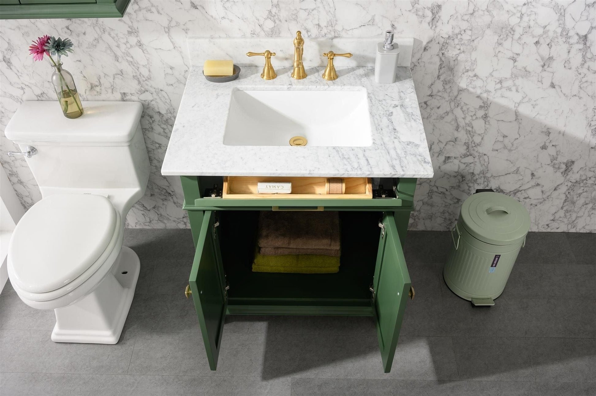 Legion Furniture WLF2230-VG Legion Furniture WLF2230-VG 30" Vogue Green Finish Sink Vanity Cabinet with Carrara White Top