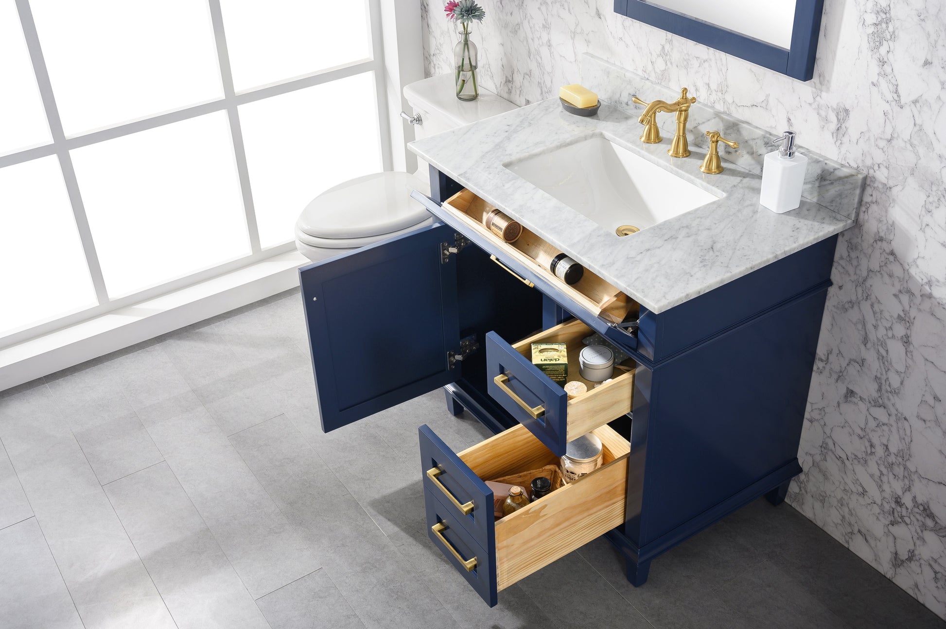 Legion Furniture WLF2236-B Legion Furniture WLF2236-B 36" Blue Finish Sink Vanity Cabinet with Carrara White Top