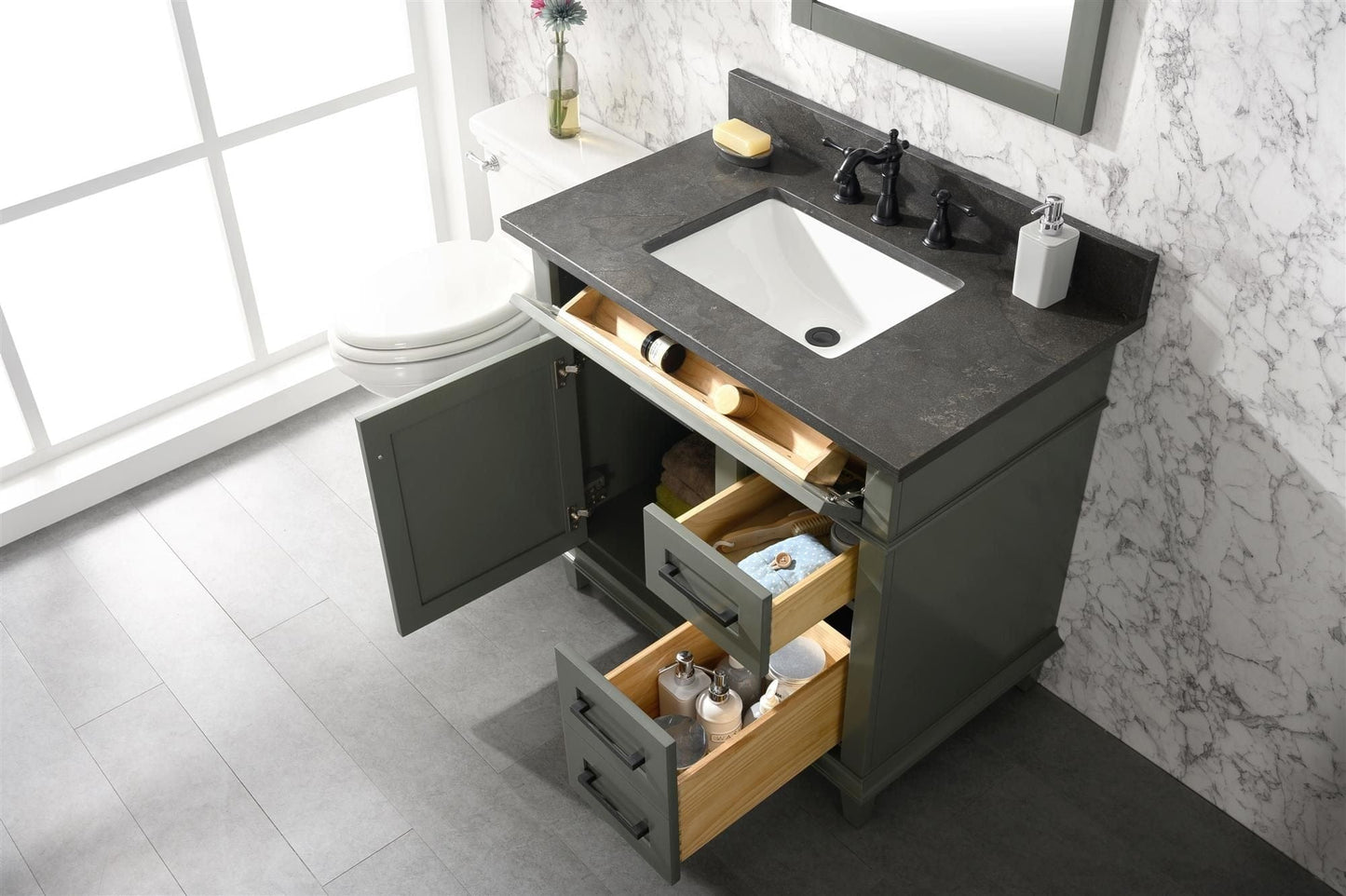 Legion Furniture WLF2236-PG Legion Furniture WLF2236-PG 36" Pewter Green Finish Sink Vanity Cabinet with Blue Limestone Top