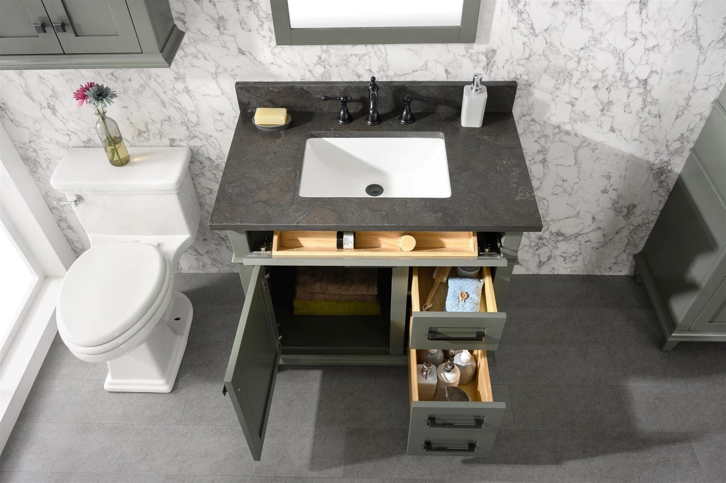 Legion Furniture WLF2236-PG Legion Furniture WLF2236-PG 36" Pewter Green Finish Sink Vanity Cabinet with Blue Limestone Top