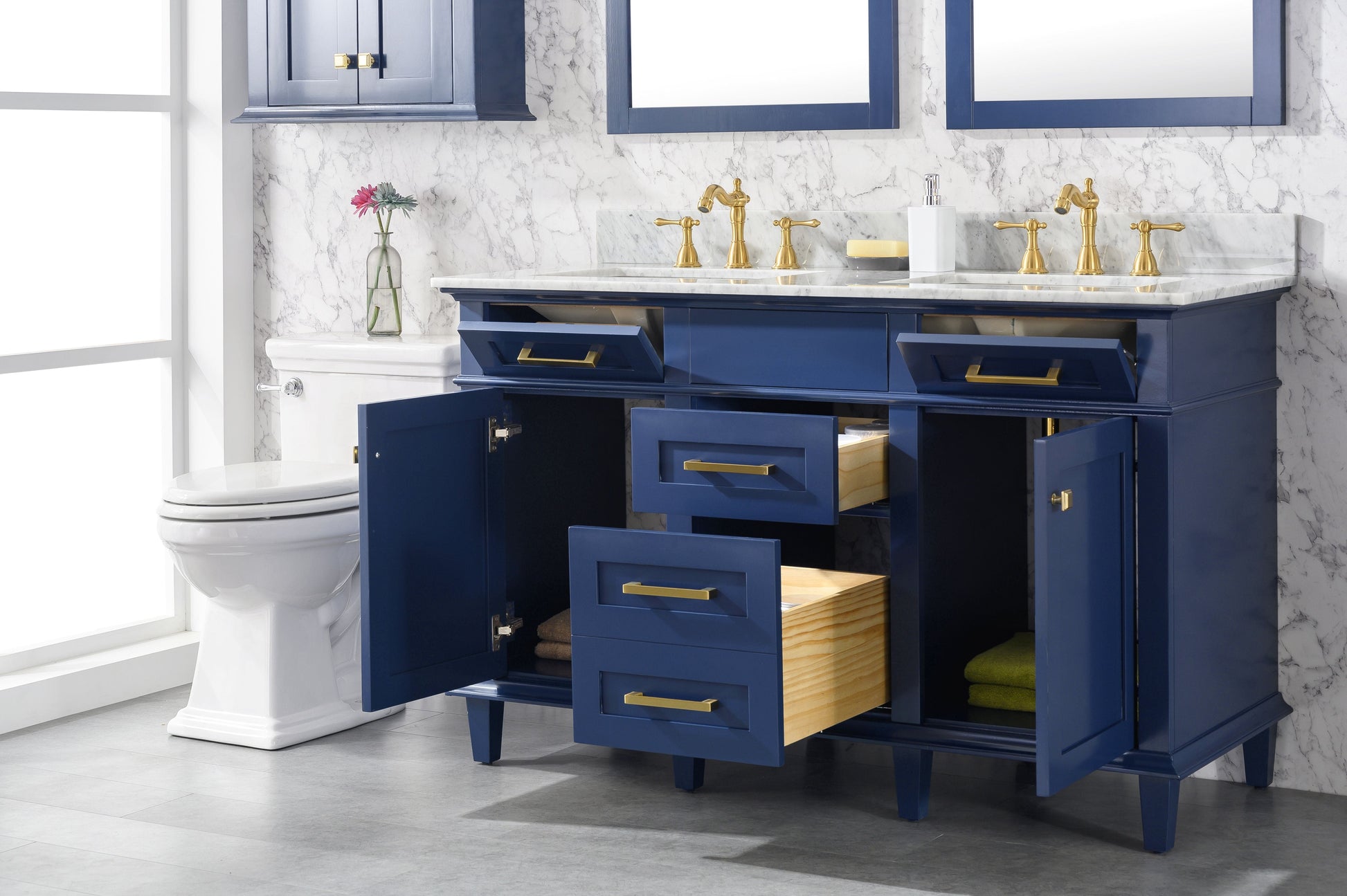 Legion Furniture WLF2254-B Legion Furniture WLF2254-B 54" Blue Finish Double-Sink Vanity Cabinet with Carrara White Top