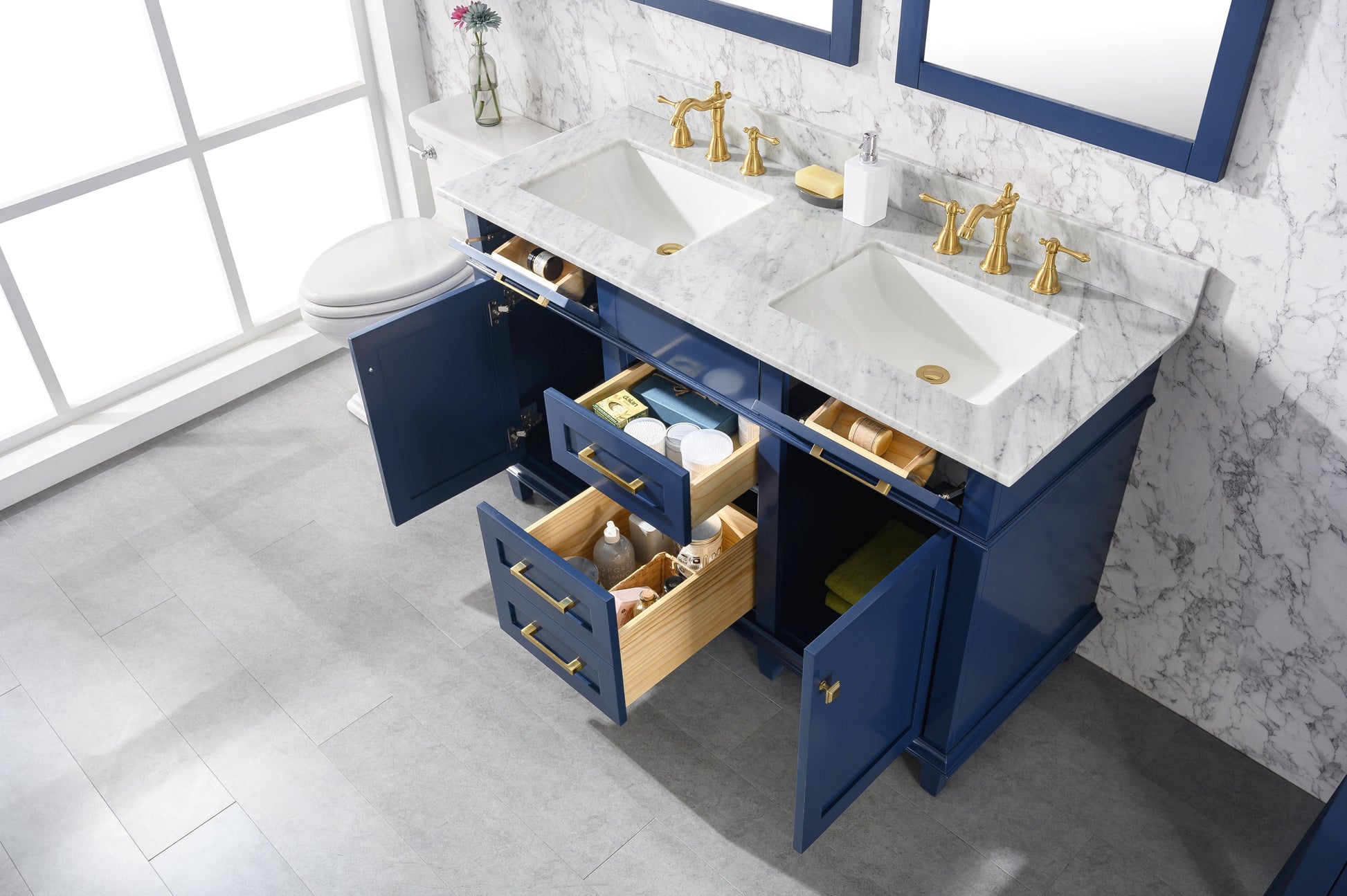 Legion Furniture WLF2254-B Legion Furniture WLF2254-B 54" Blue Finish Double-Sink Vanity Cabinet with Carrara White Top