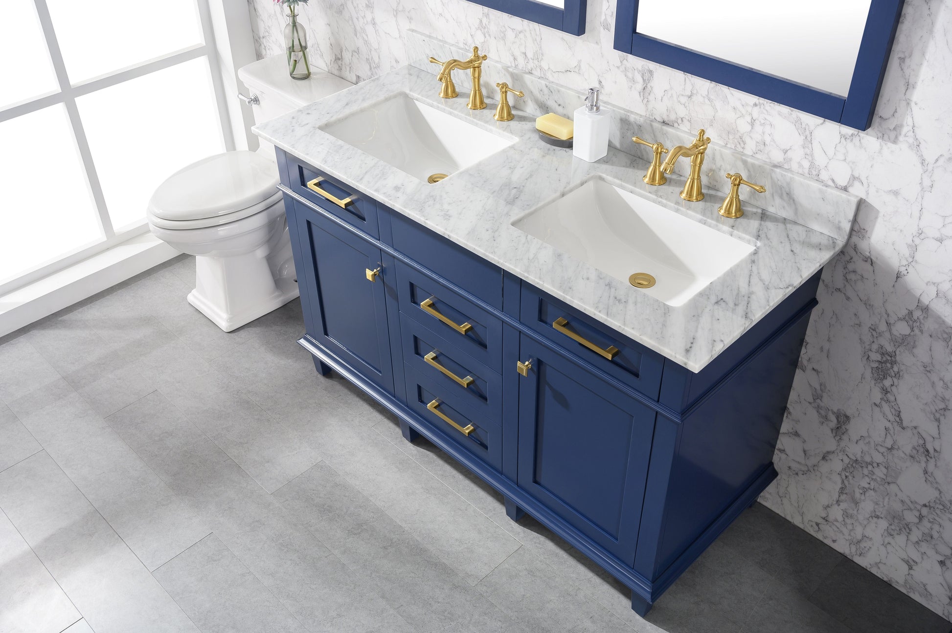 Legion Furniture WLF2254-B Legion Furniture WLF2254-B 54" Blue Finish Double-Sink Vanity Cabinet with Carrara White Top