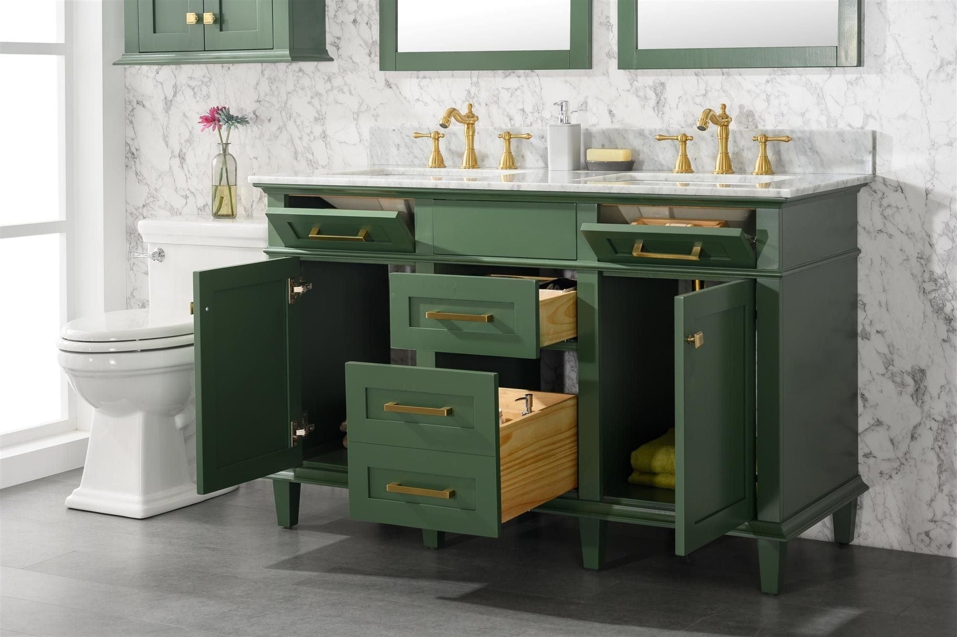 Legion Furniture WLF2254-VG Legion Furniture WLF2254-VG 54" Vogue Green Finish Double-Sink Vanity Cabinet with Carrara White Top