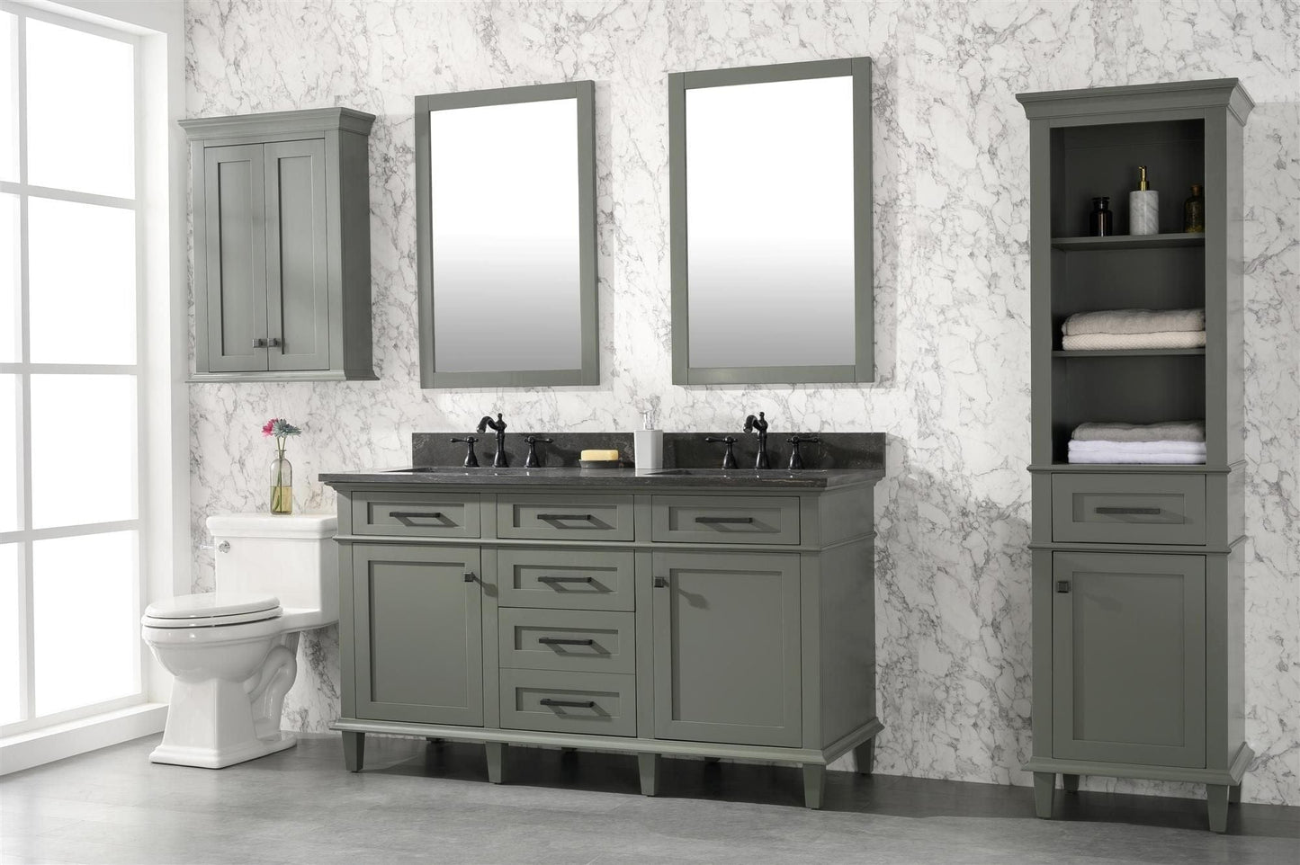 Legion Furniture WLF2260D-PG Legion Furniture WLF2260D-PG 60" Pewter Green Finish Double-Sink Vanity Cabinet with Blue Limestone Top