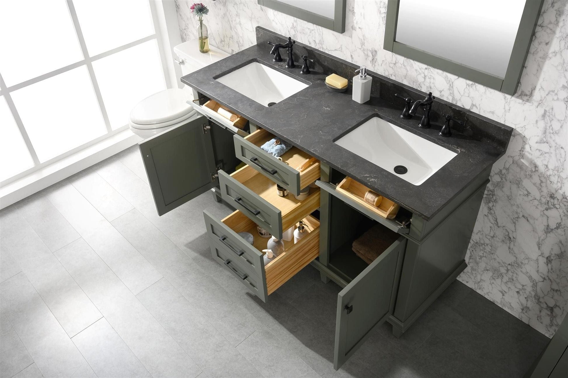 Legion Furniture WLF2260D-PG Legion Furniture WLF2260D-PG 60" Pewter Green Finish Double-Sink Vanity Cabinet with Blue Limestone Top