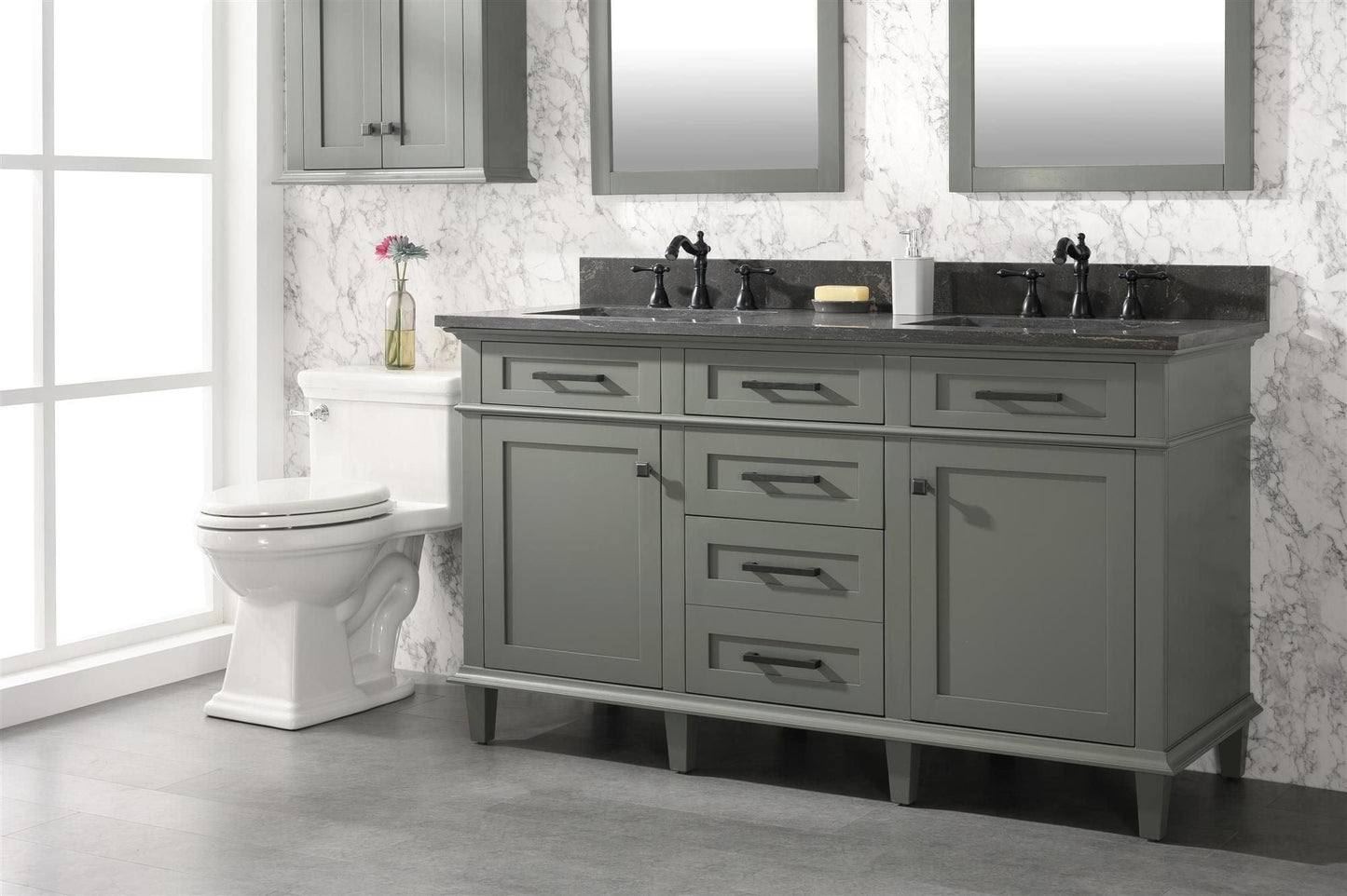 Legion Furniture WLF2260D-PG Legion Furniture WLF2260D-PG 60" Pewter Green Finish Double-Sink Vanity Cabinet with Blue Limestone Top