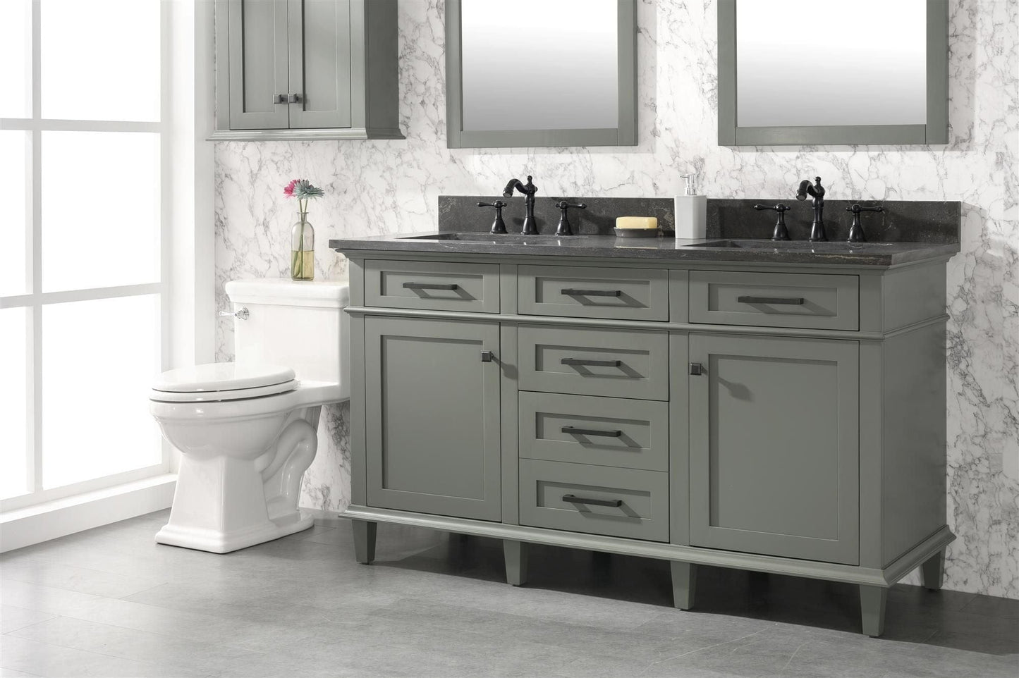 Legion Furniture WLF2260D-PG Legion Furniture WLF2260D-PG 60" Pewter Green Finish Double-Sink Vanity Cabinet with Blue Limestone Top