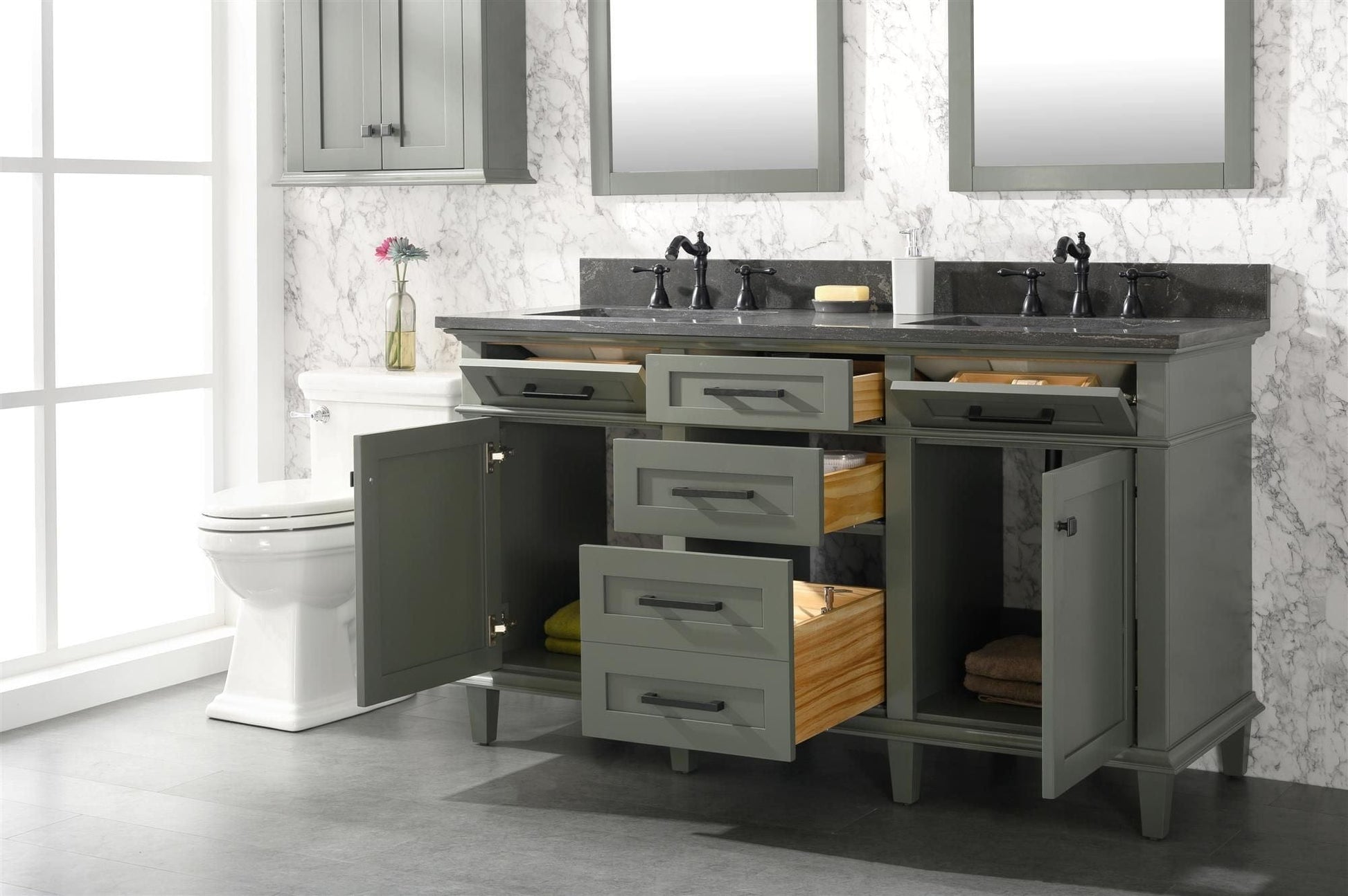 Legion Furniture WLF2260D-PG Legion Furniture WLF2260D-PG 60" Pewter Green Finish Double-Sink Vanity Cabinet with Blue Limestone Top