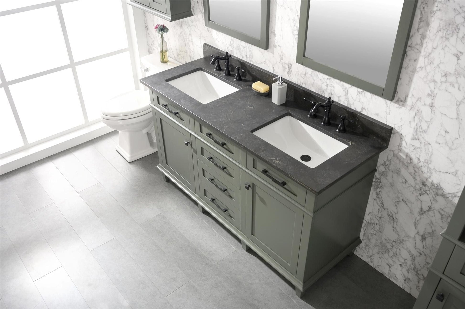 Legion Furniture WLF2260D-PG Legion Furniture WLF2260D-PG 60" Pewter Green Finish Double-Sink Vanity Cabinet with Blue Limestone Top