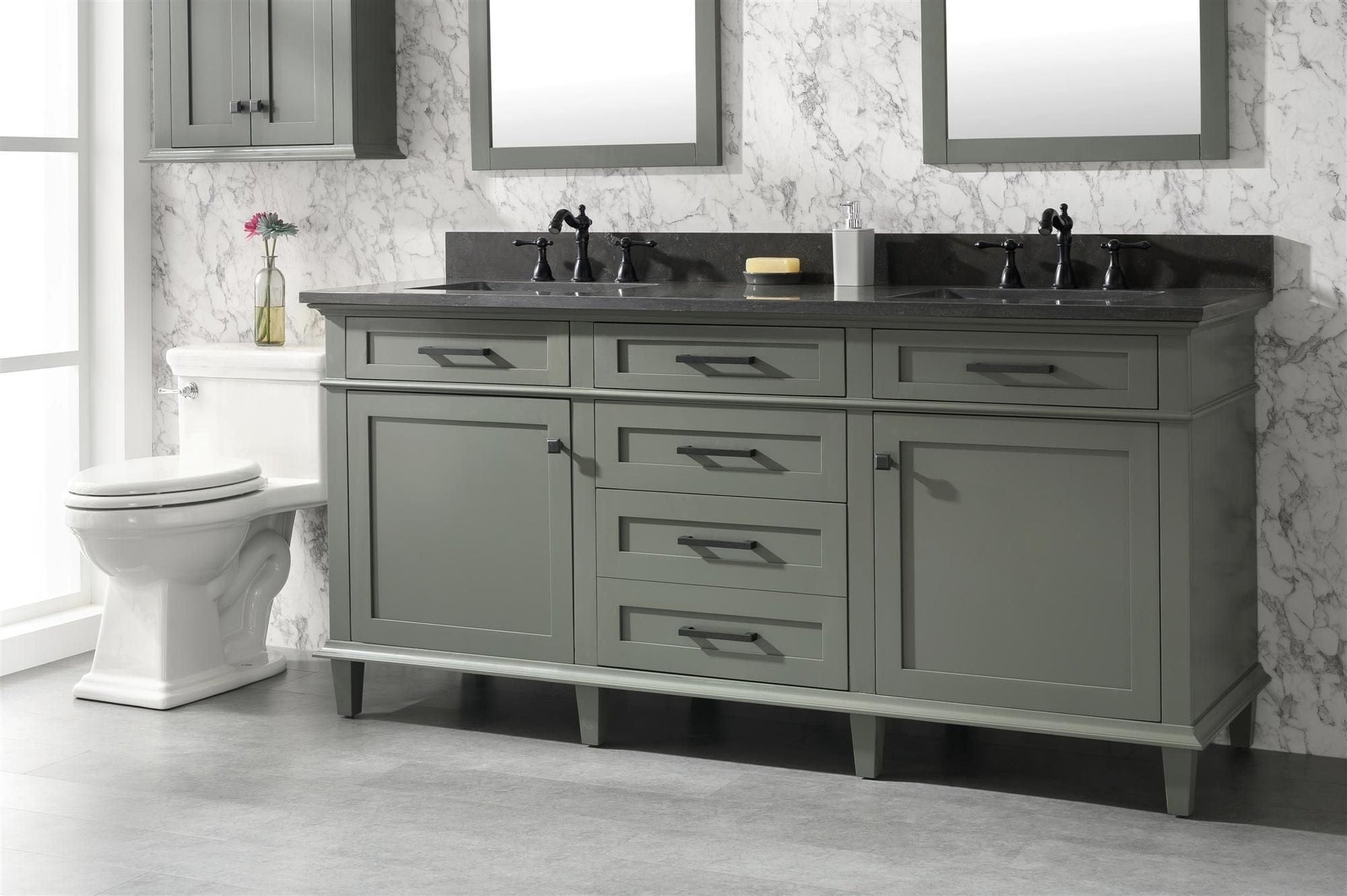 Legion Furniture WLF2272-PG Legion Furniture WLF2272-PG 72" Pewter Green Double-Sink Vanity Cabinet with Blue Limestone Top