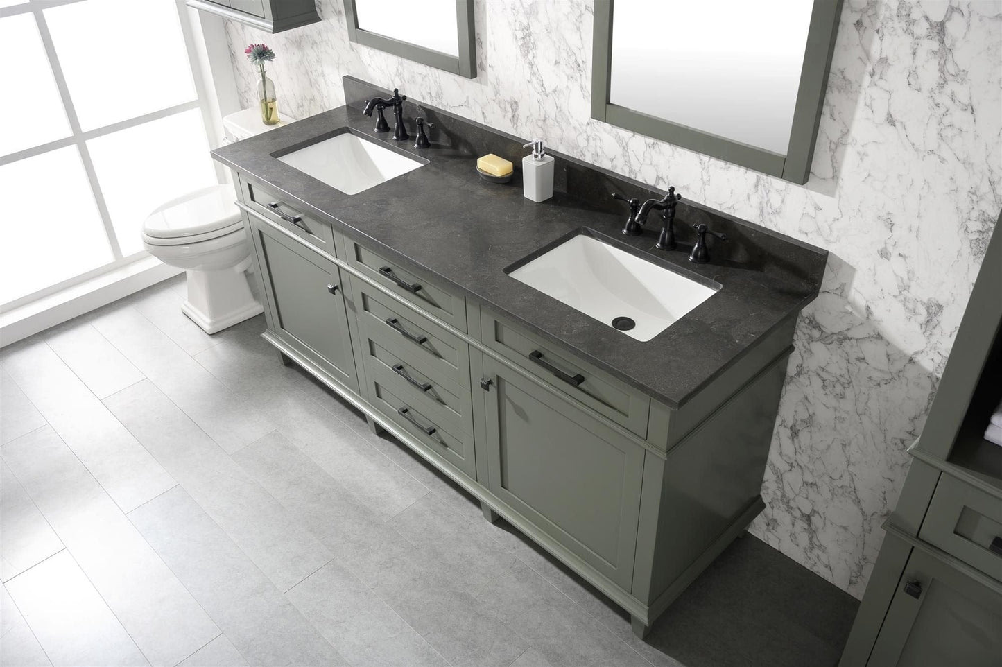 Legion Furniture WLF2272-PG Legion Furniture WLF2272-PG 72" Pewter Green Double-Sink Vanity Cabinet with Blue Limestone Top