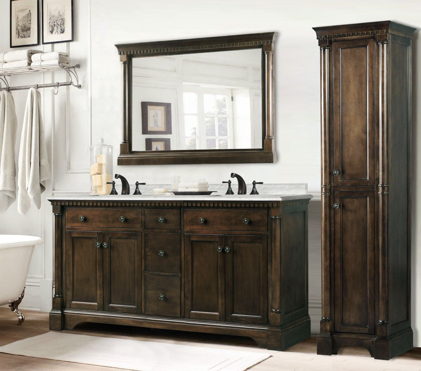 Legion Furniture WLF6036-60" Legion Furniture WLF6036-60" 60" Antique Coffee Sink Vanity with Carrara White Top and Matching Backsplash without Faucet