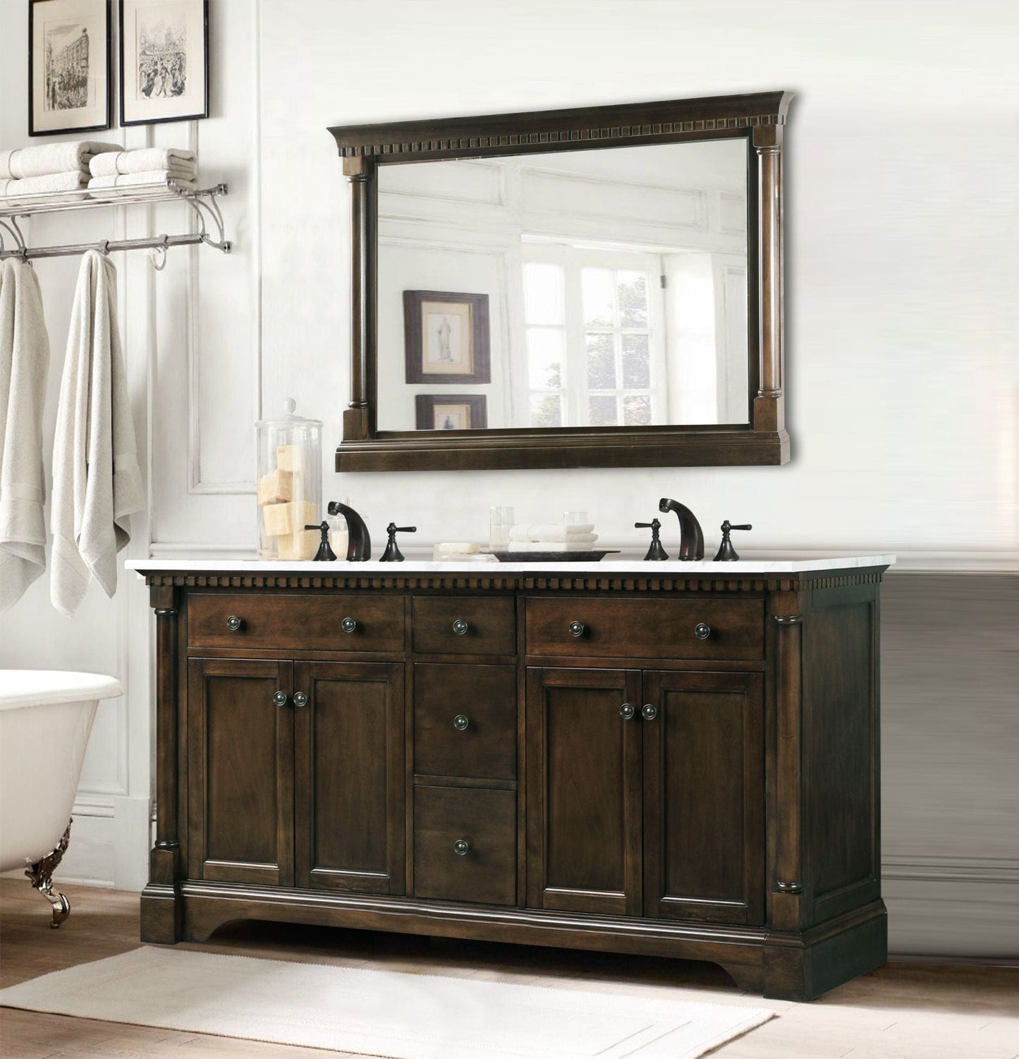 Legion Furniture WLF6036-60" Legion Furniture WLF6036-60" 60" Antique Coffee Sink Vanity with Carrara White Top and Matching Backsplash without Faucet