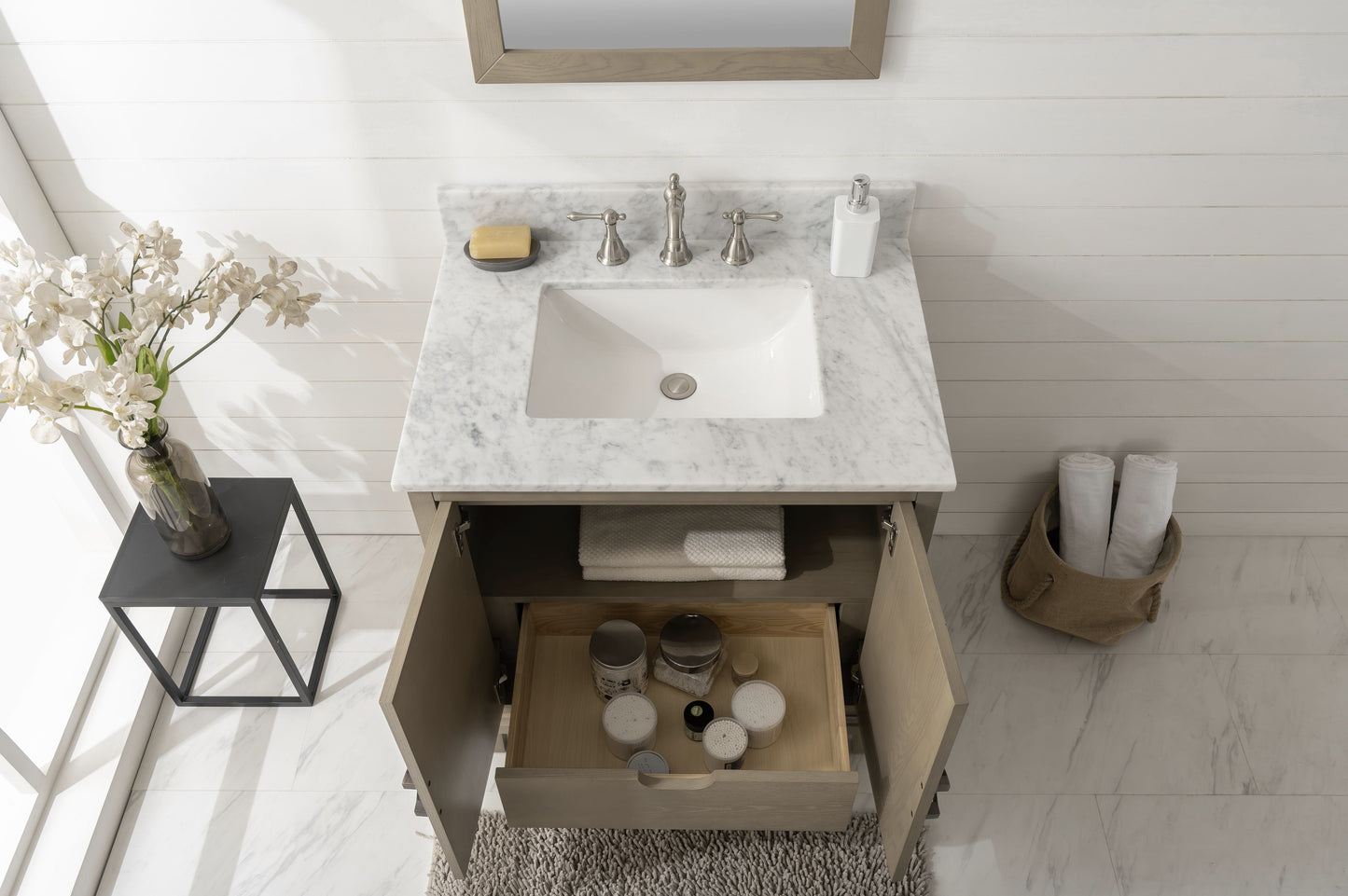 Legion Furniture WLF7040-30-AGO-CW Legion Furniture WLF7040-30-AGO-CW 30" Antique Gray Oak Vanity with Carrara White Top