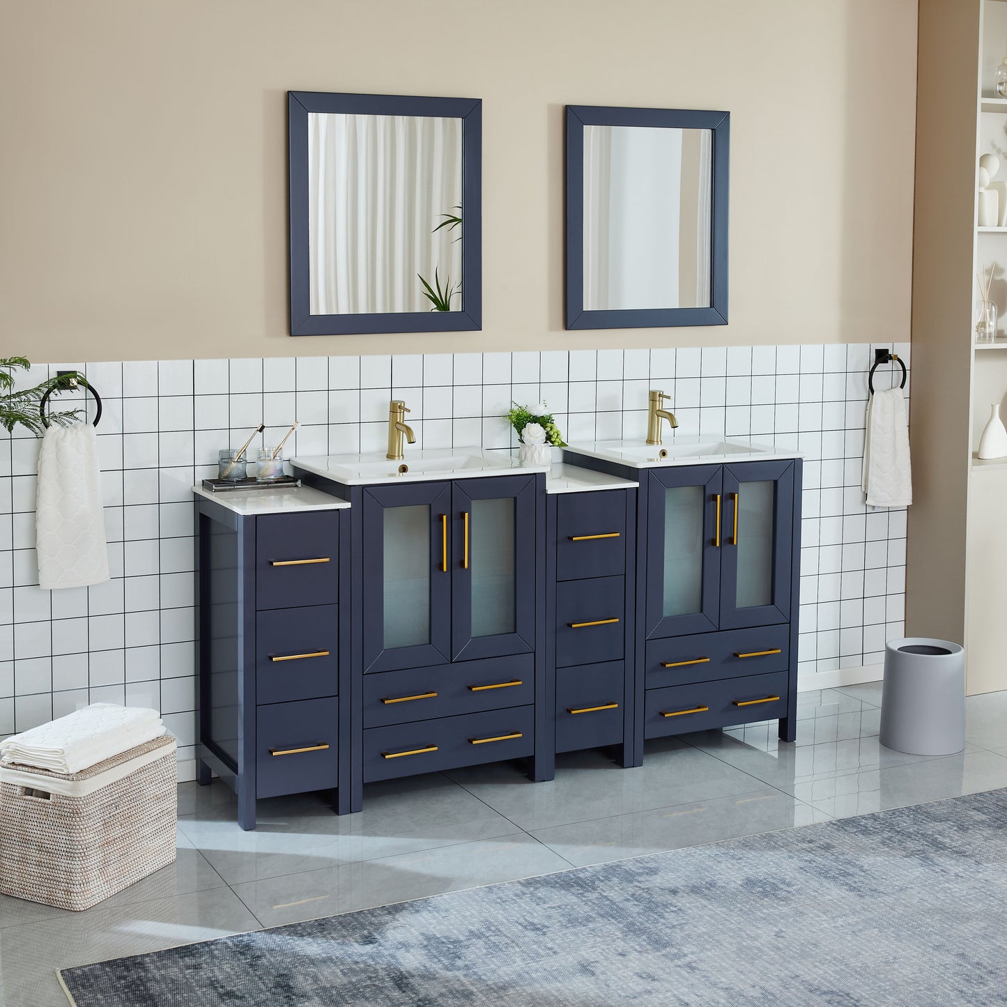 72 Inch Double Sink Bathroom Vanity in Blue with Ceramic Countertop - Vanity Art VA3024-72B