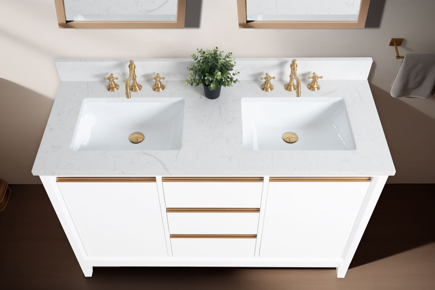 54 Inch Double Sink Bathroom Vanity in White with Marble Countertop - Vanity Art VA8054-DW